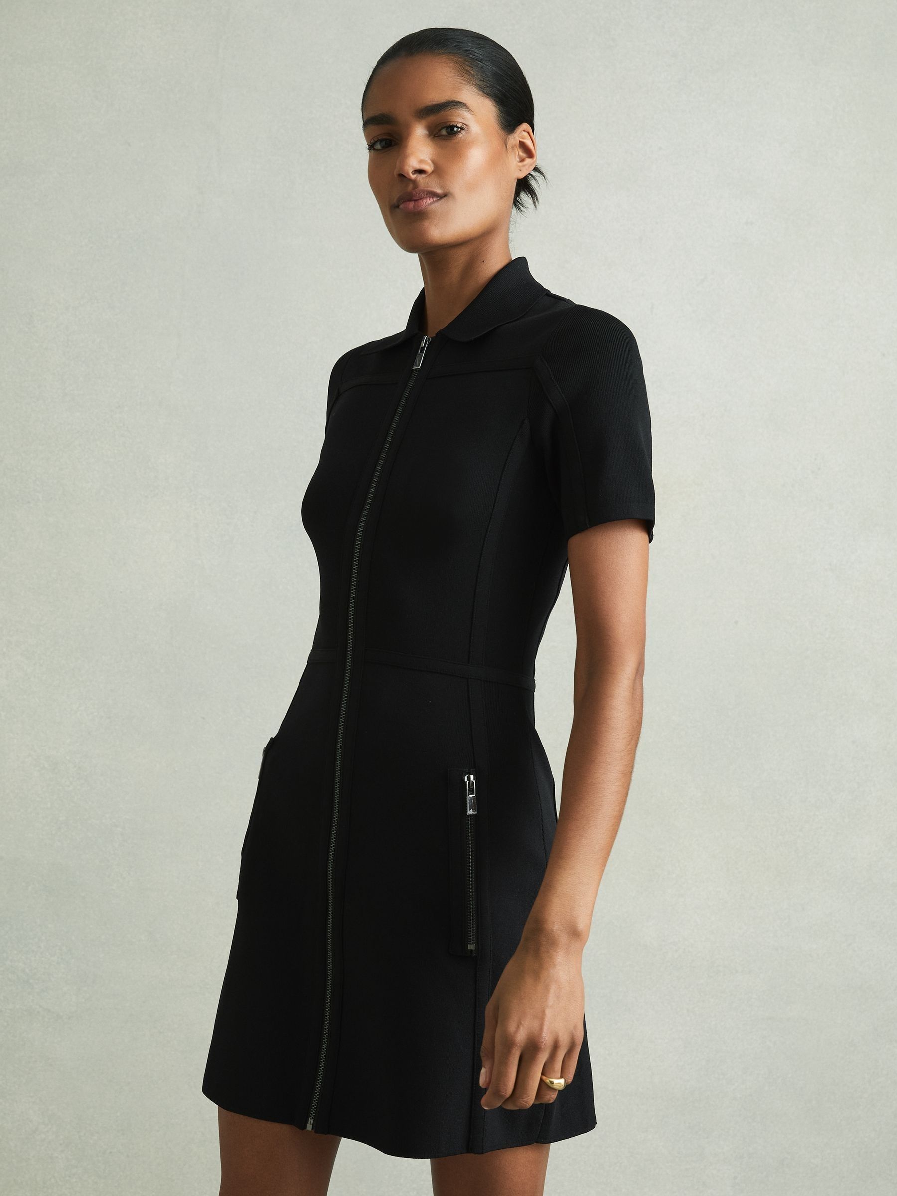 Knitted Zip-Front Mini Dress in Black