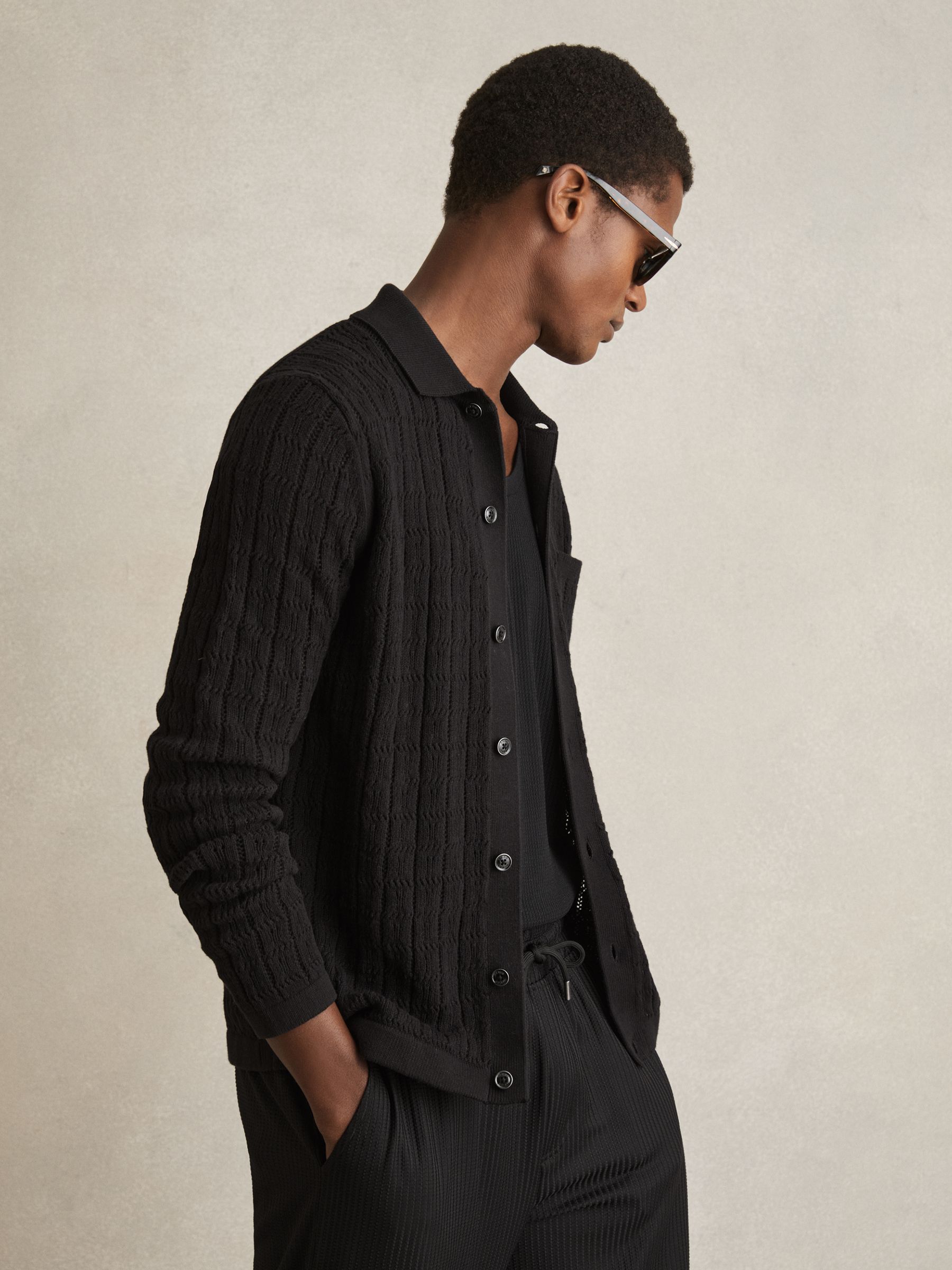 Cotton-Blend Textured Knit Shirt in Black