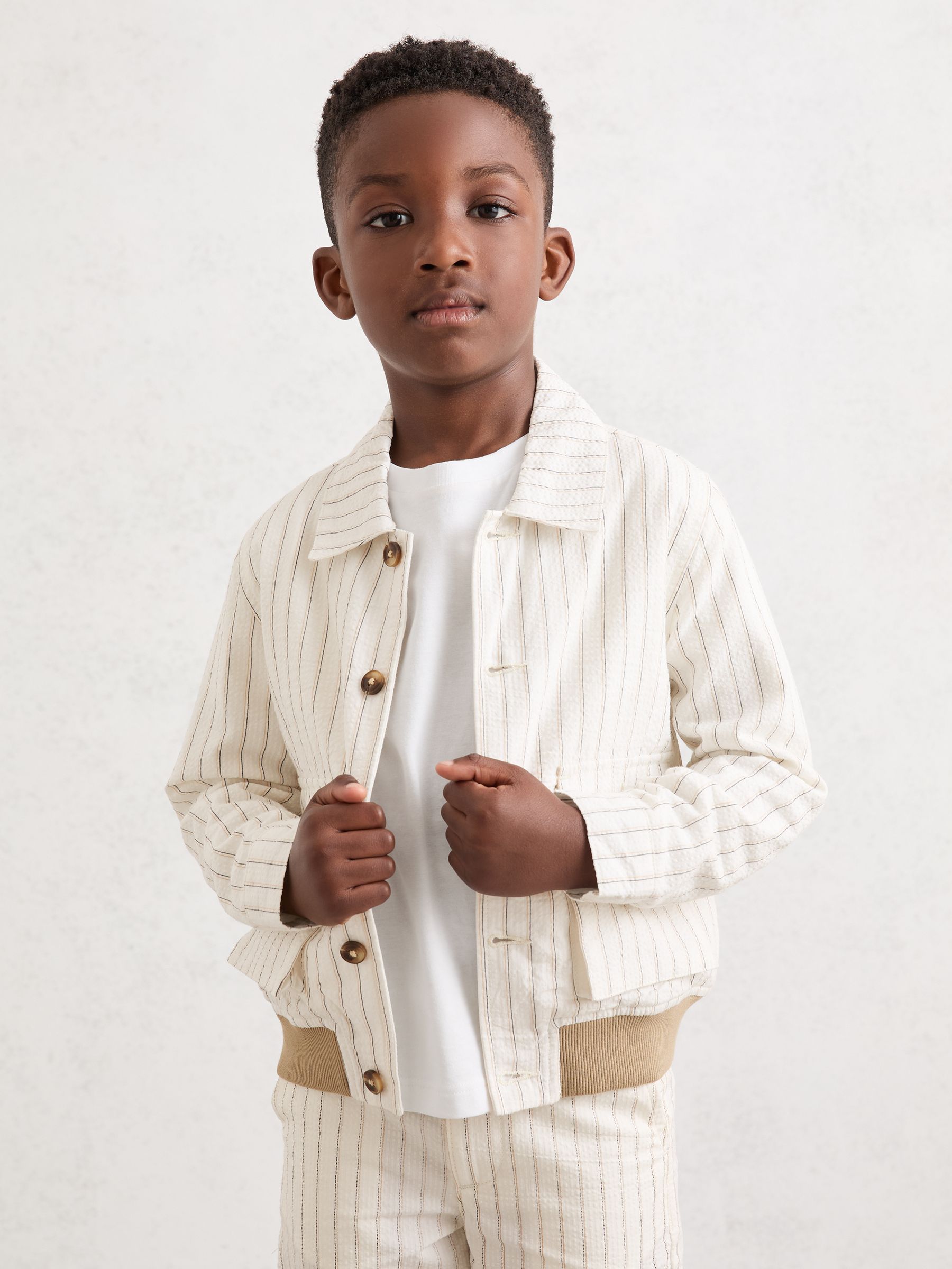 9-13 yrs Cotton Pinstripe Harrington Jacket in Off White/Taupe Brown
