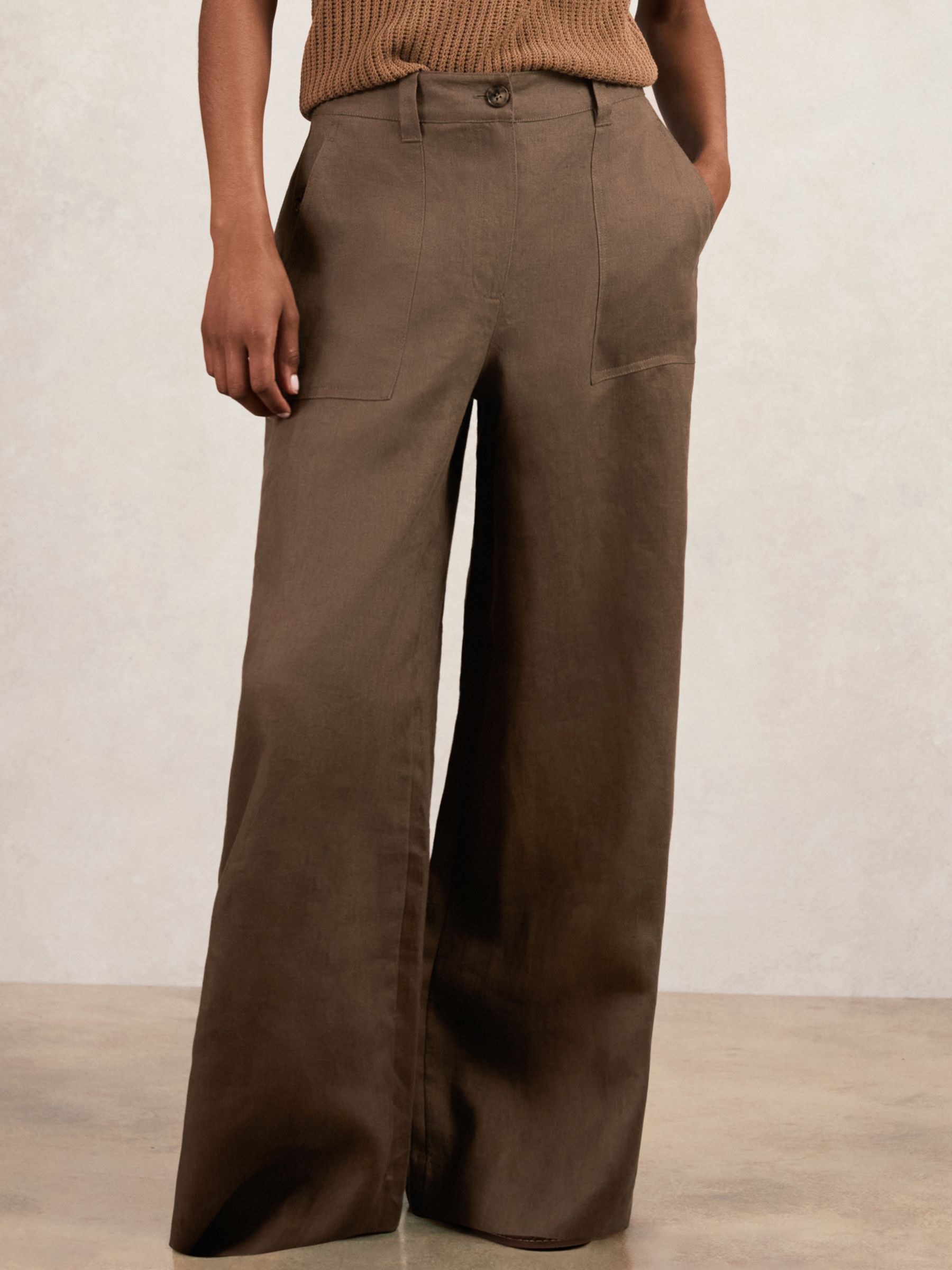 Petite Linen Wide Leg Trousers in Chocolate Brown