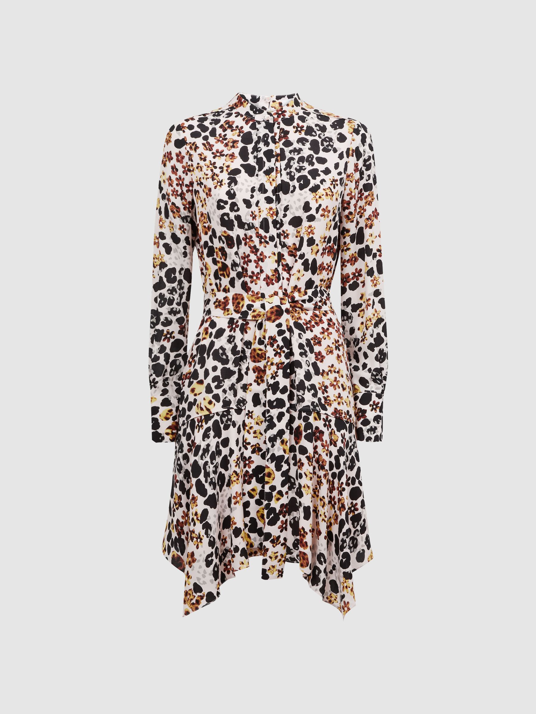 Animal Print Asymmetric Belted Dress in Nude/Black