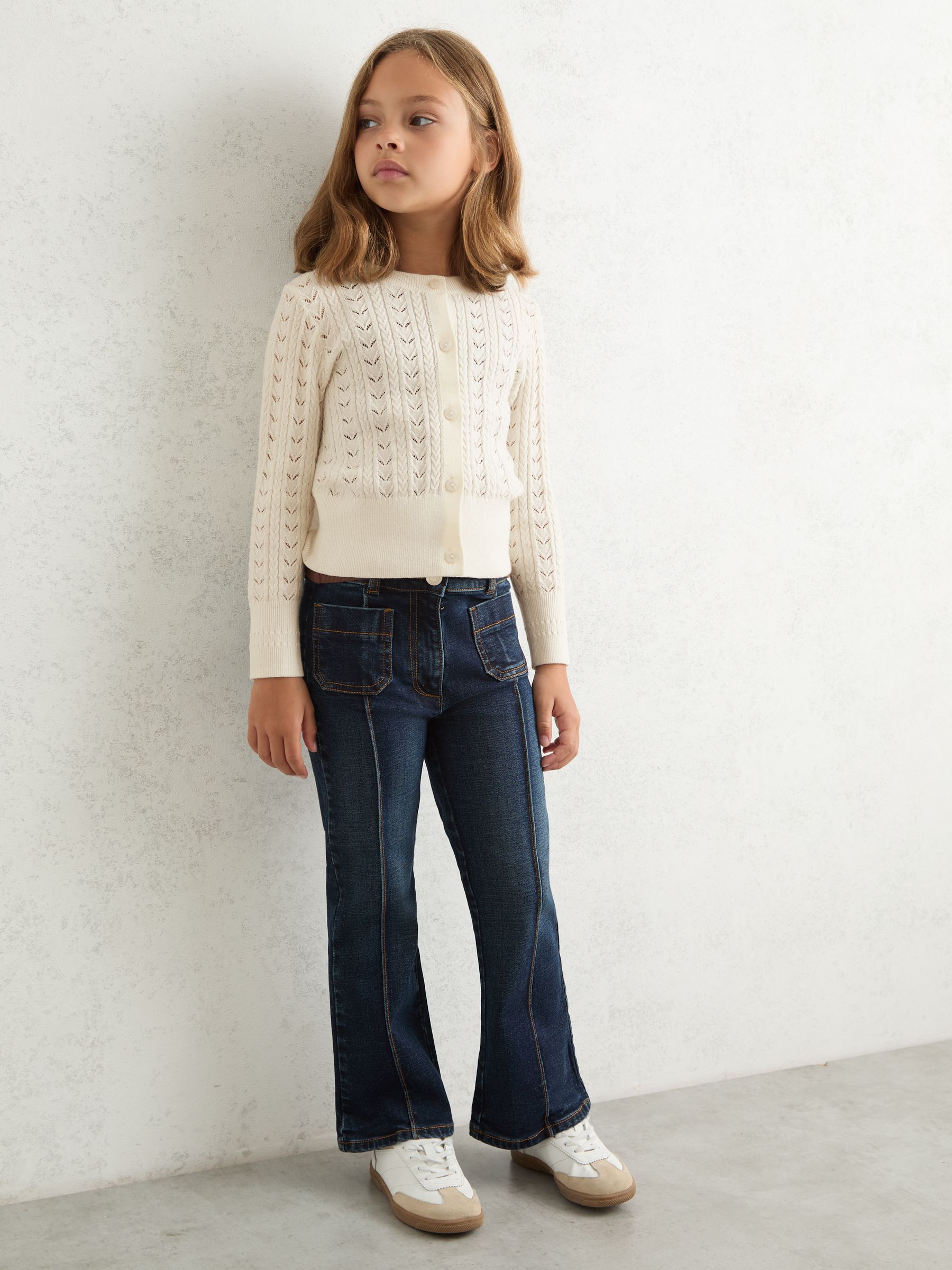 9-13 yrs Wool-Cotton Pointelle Cardigan in Ivory