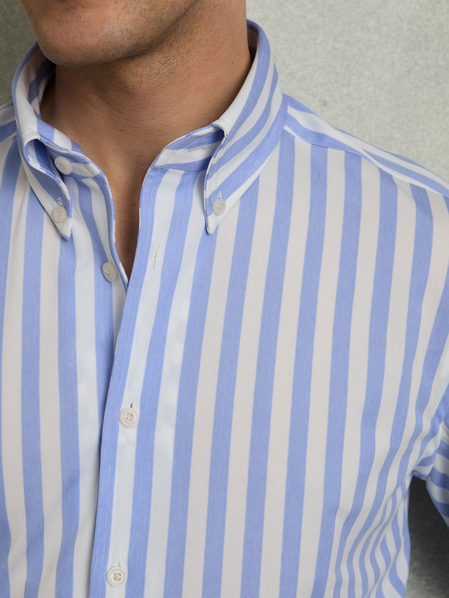Striped Jersey Button Down Shirt With Cotton in Pale Blue Stripe