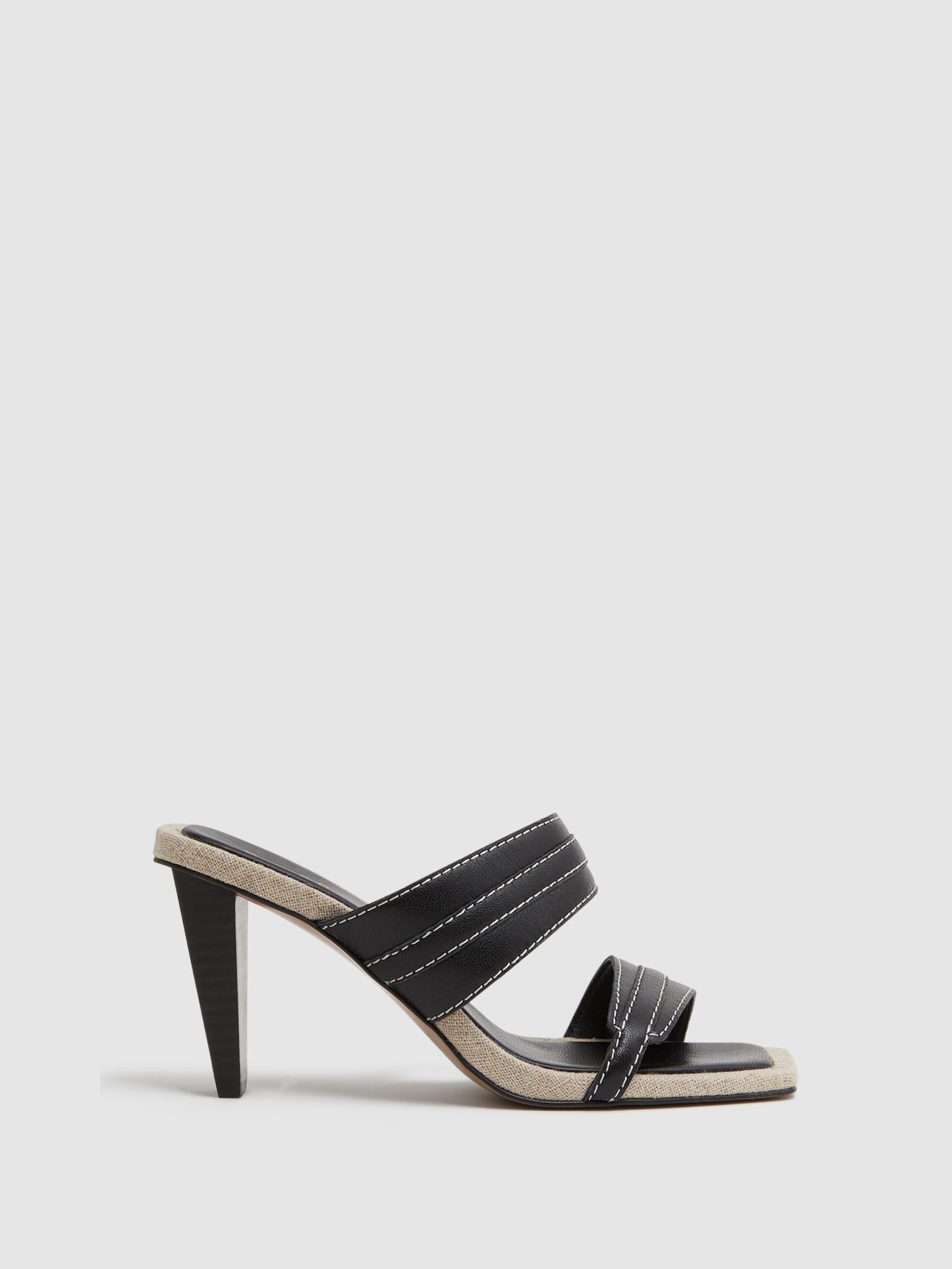 Leather Strap Heeled Mules in Black
