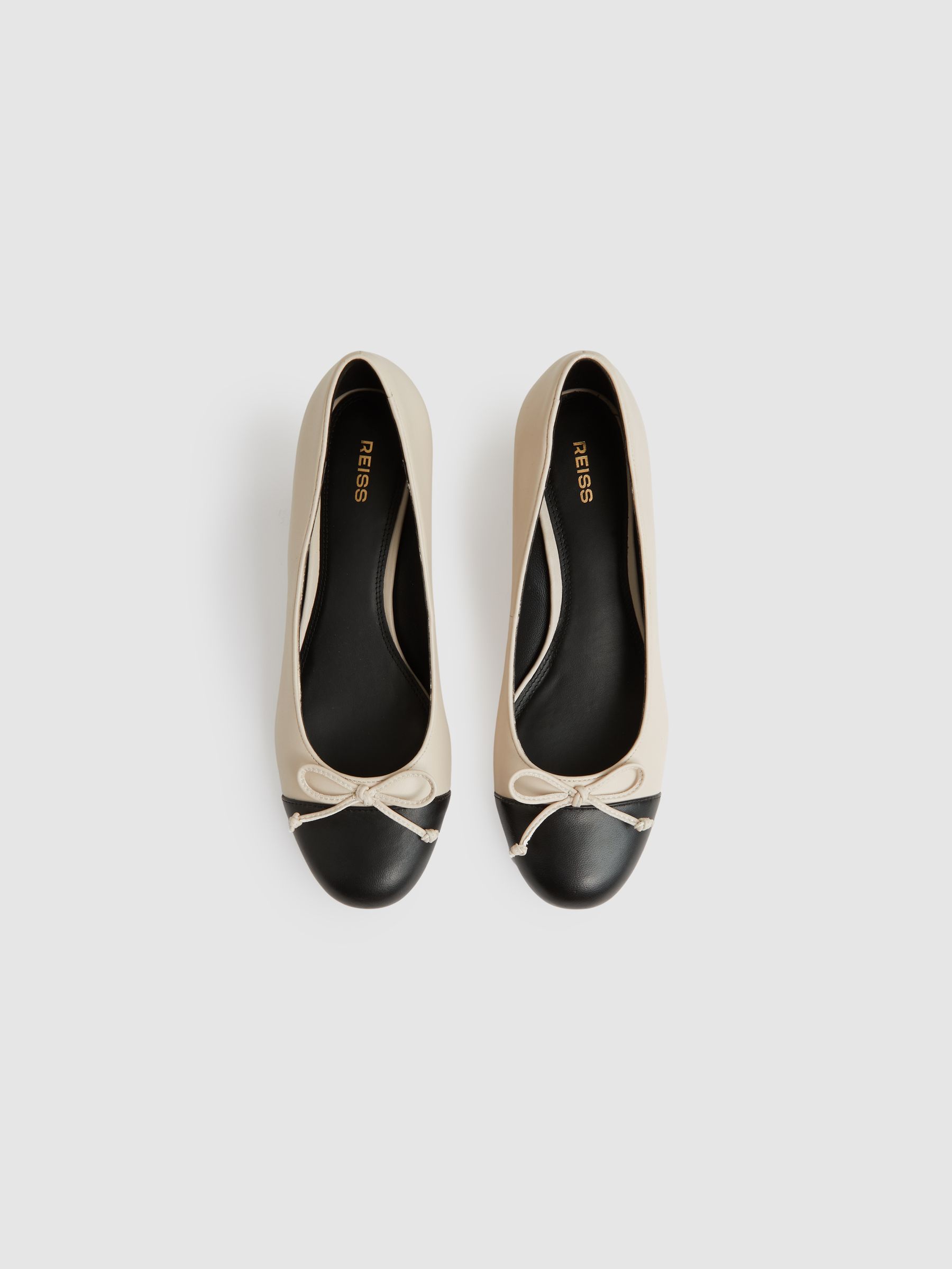 Leather Block Heel Ballerina Shoes in White/Black