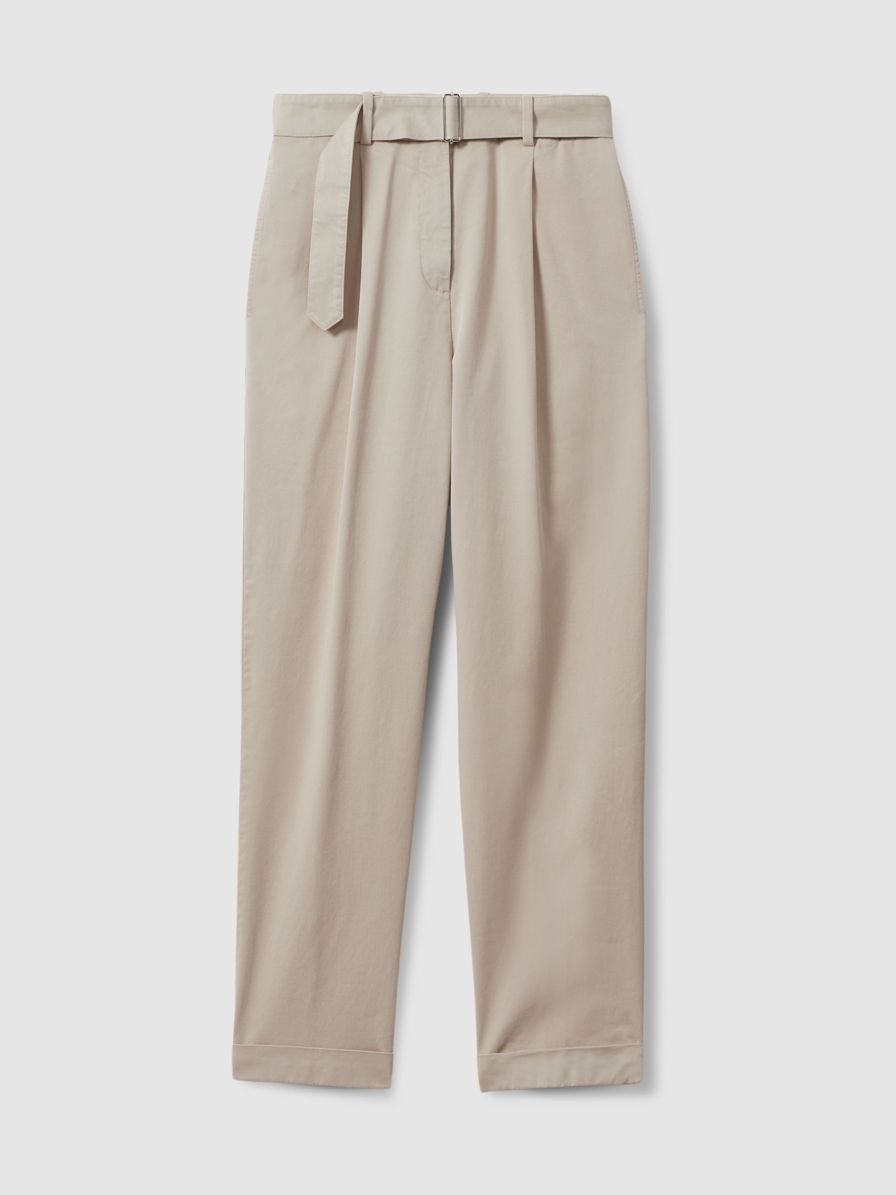 Cropped Cotton Blend Belted Trousers in Stone
