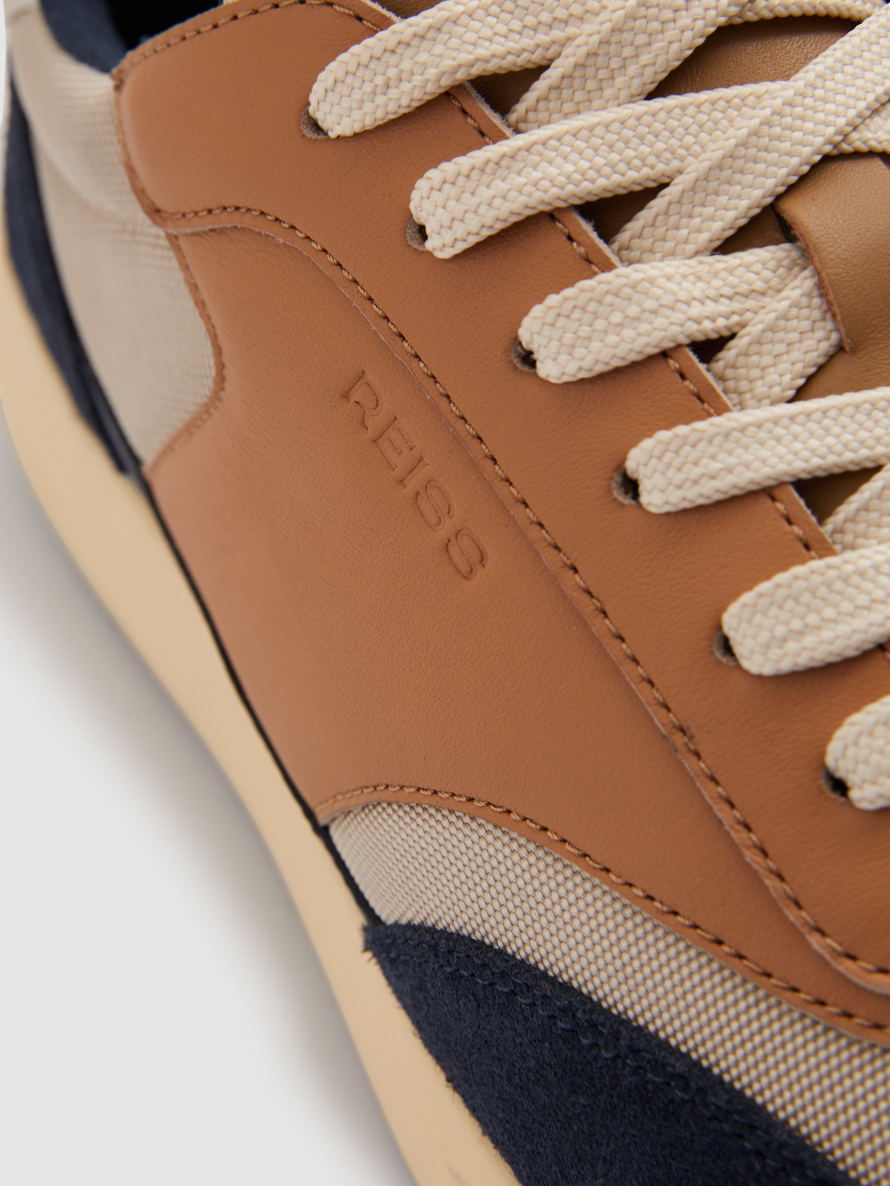 Leather Suede Running Trainers in Navy/Camel