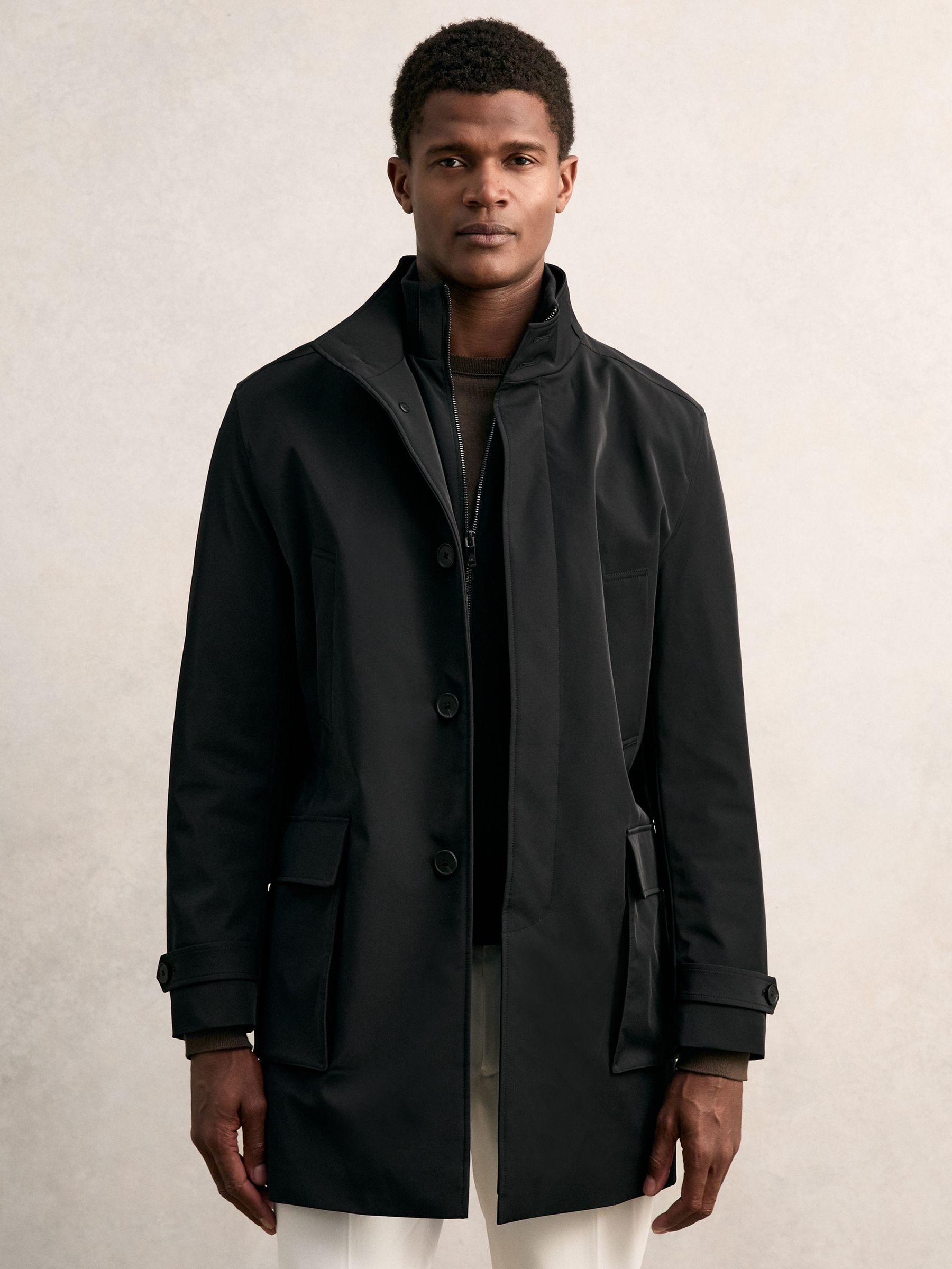 Hybrid Removable-Gilet Overcoat in Black