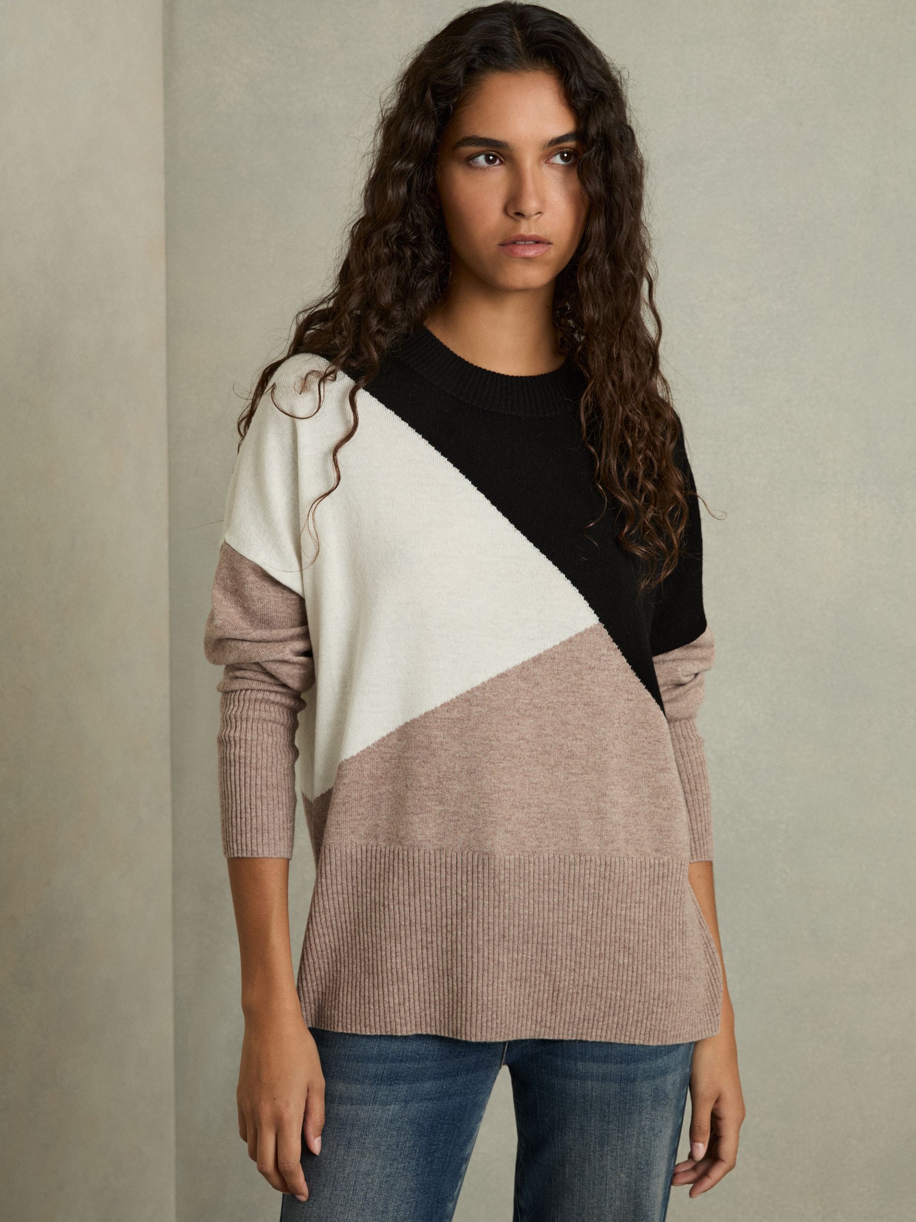 Geometric Colour-Block Jumper With Wool And Cashmere in Camel/Black