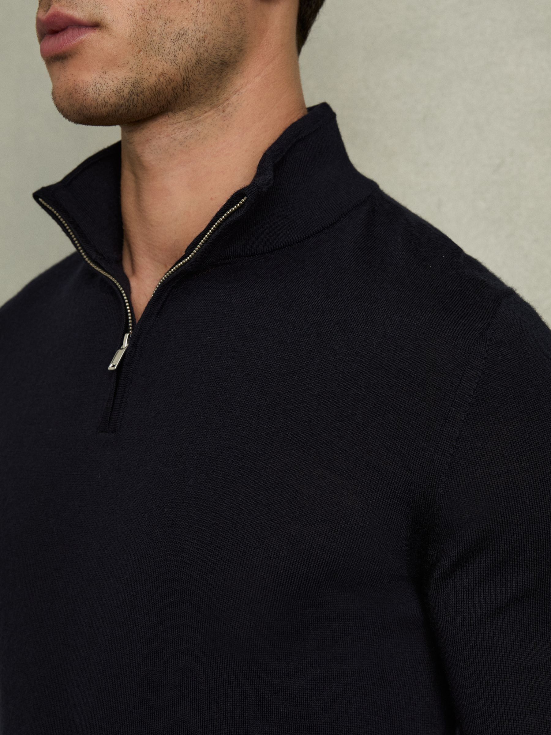 Merino Wool Half-Zip Funnel Neck Jumper in Navy