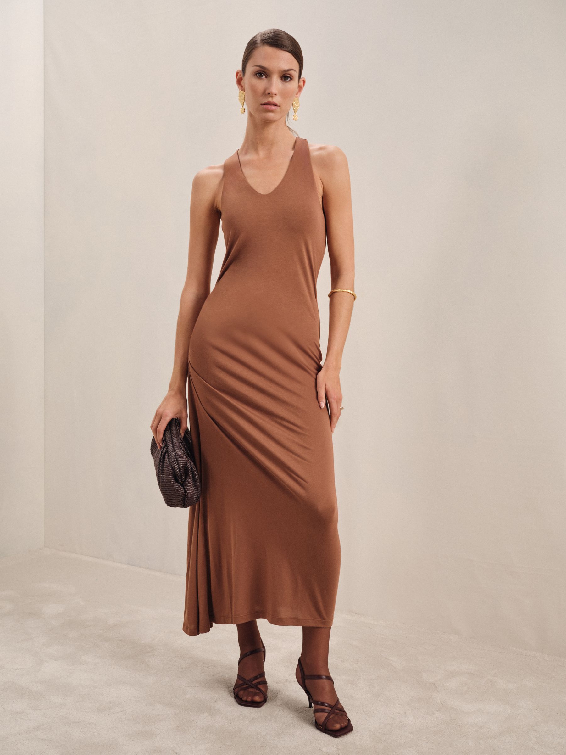 Ruched Jersey Midi Dress in Brown