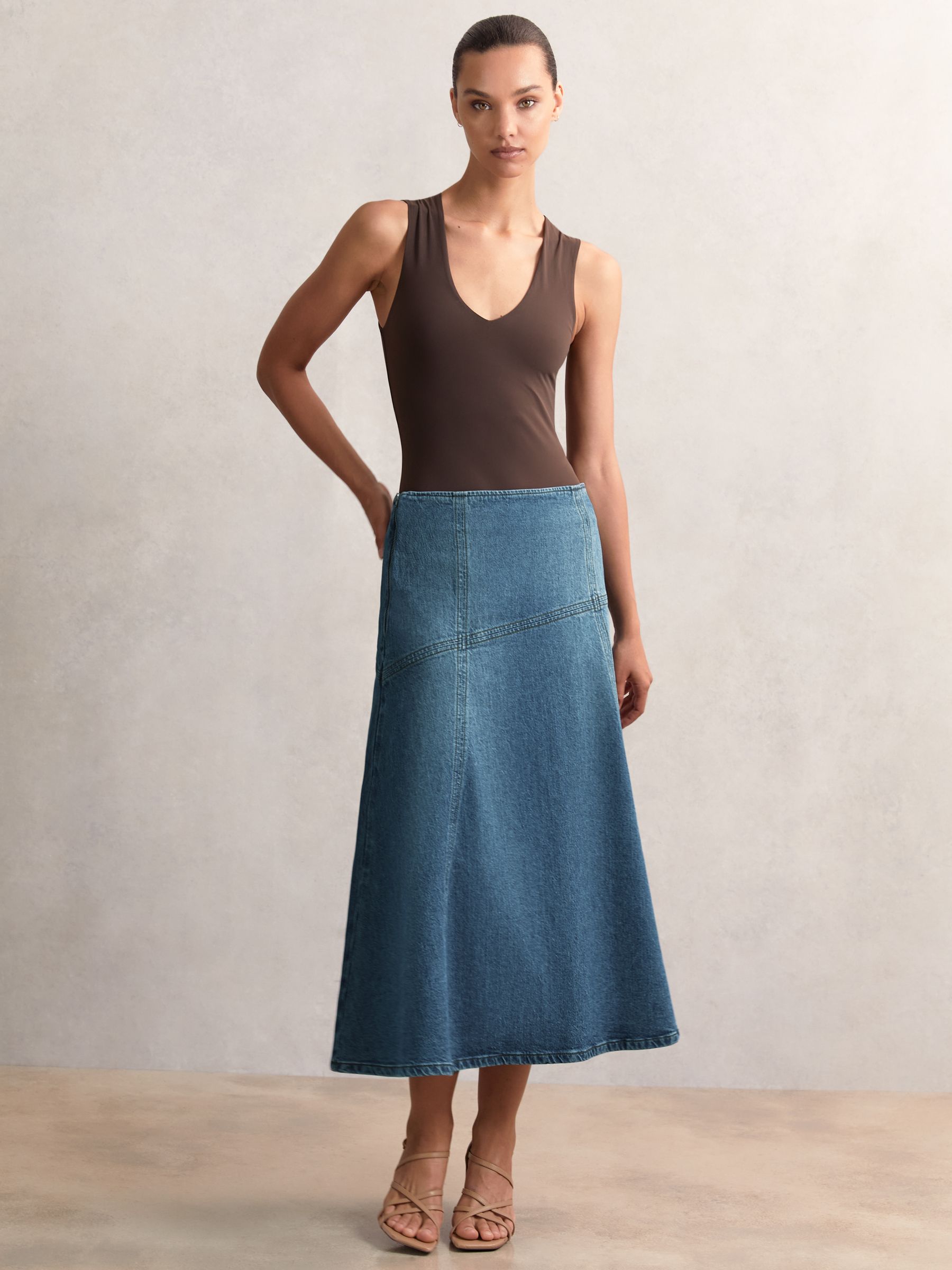 Denim Panelled Midi Skirt in Indigo