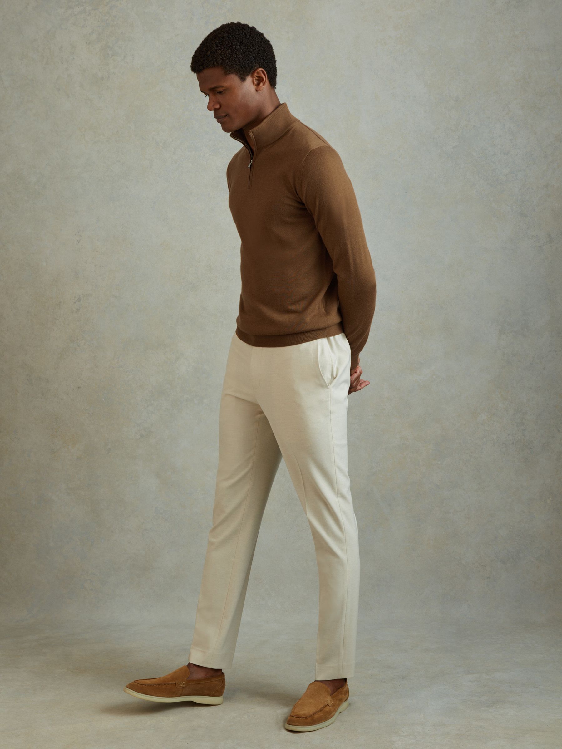 Merino Wool Half-Zip Funnel Neck Jumper in Tobacco Brown