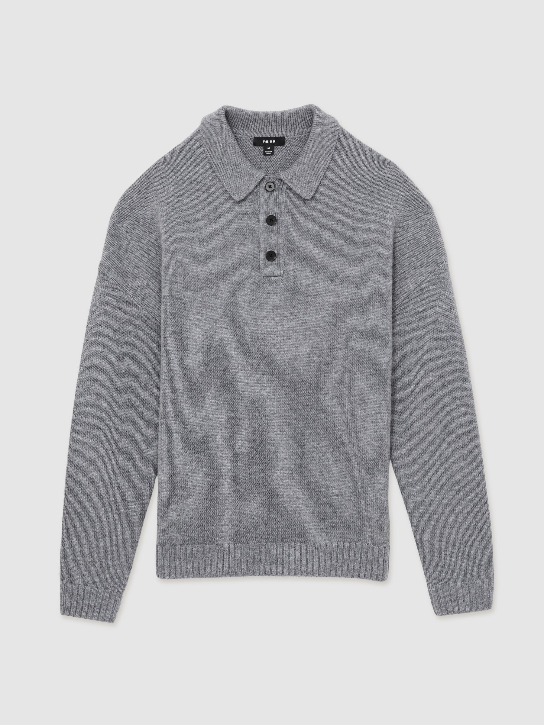 Wool Blend Long Sleeve Polo Shirt in Grey Melange