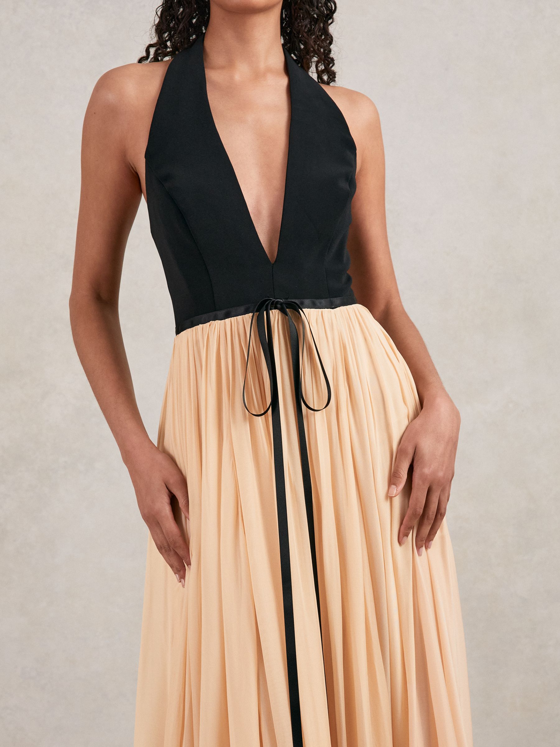 Halston Crepe and Chiffon Maxi Dress in Black/Ivory