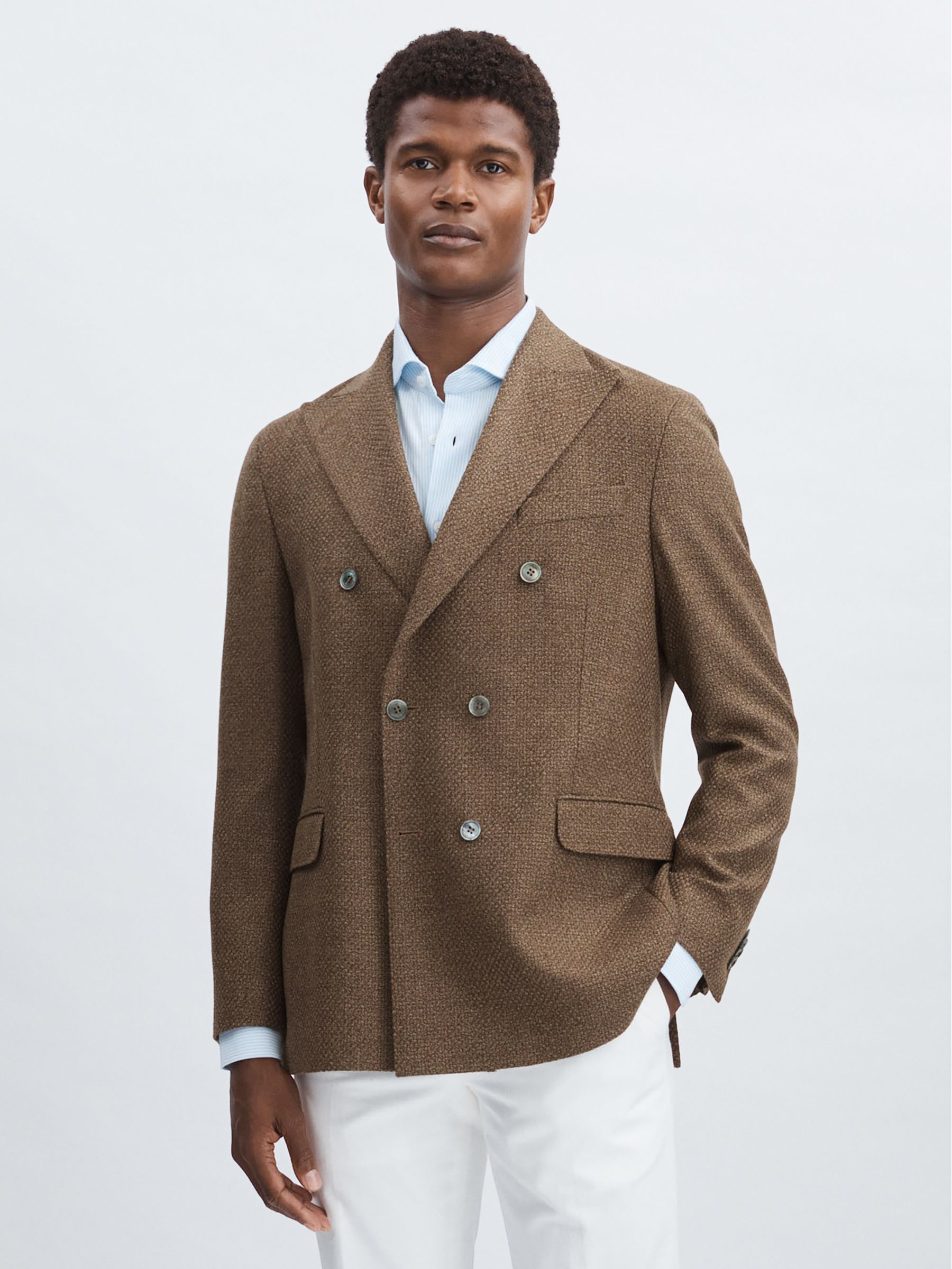 Oscar Jacobson Woven Wool Double-Breasted Blazer in Dark Brown
