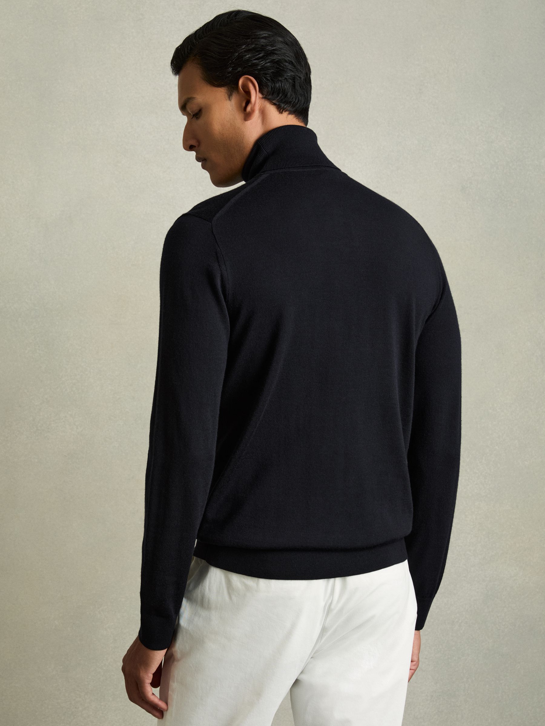 Slim Fit Merino Wool Roll Neck Jumper in Navy