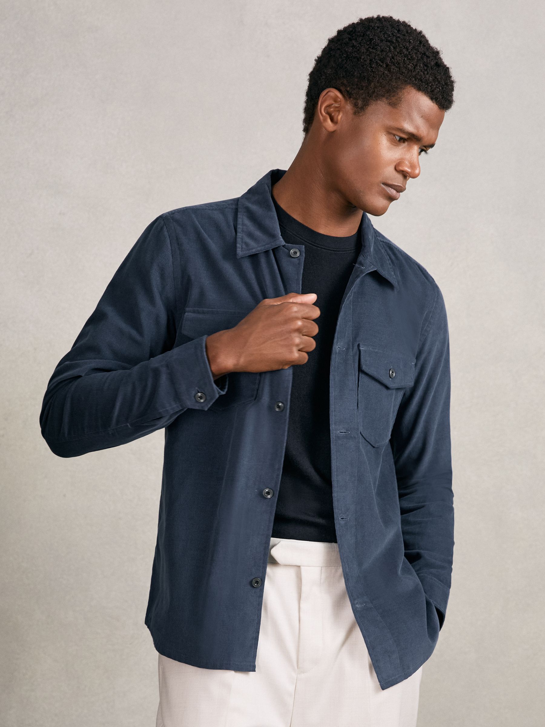 Cotton Corduroy Twin-Pocket Overshirt in Airforce Blue