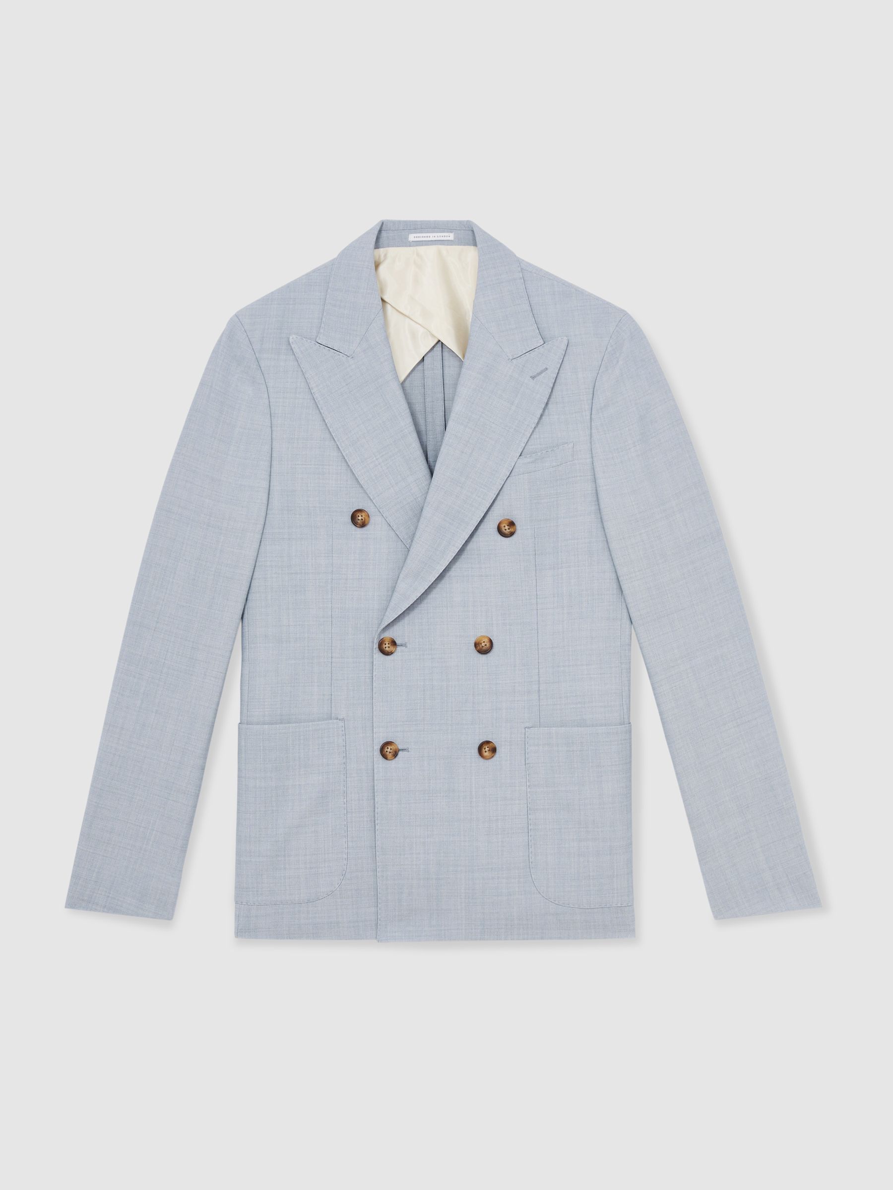Double-Breasted Textured Suit Blazer With Wool Slim-Fit in Soft Blue