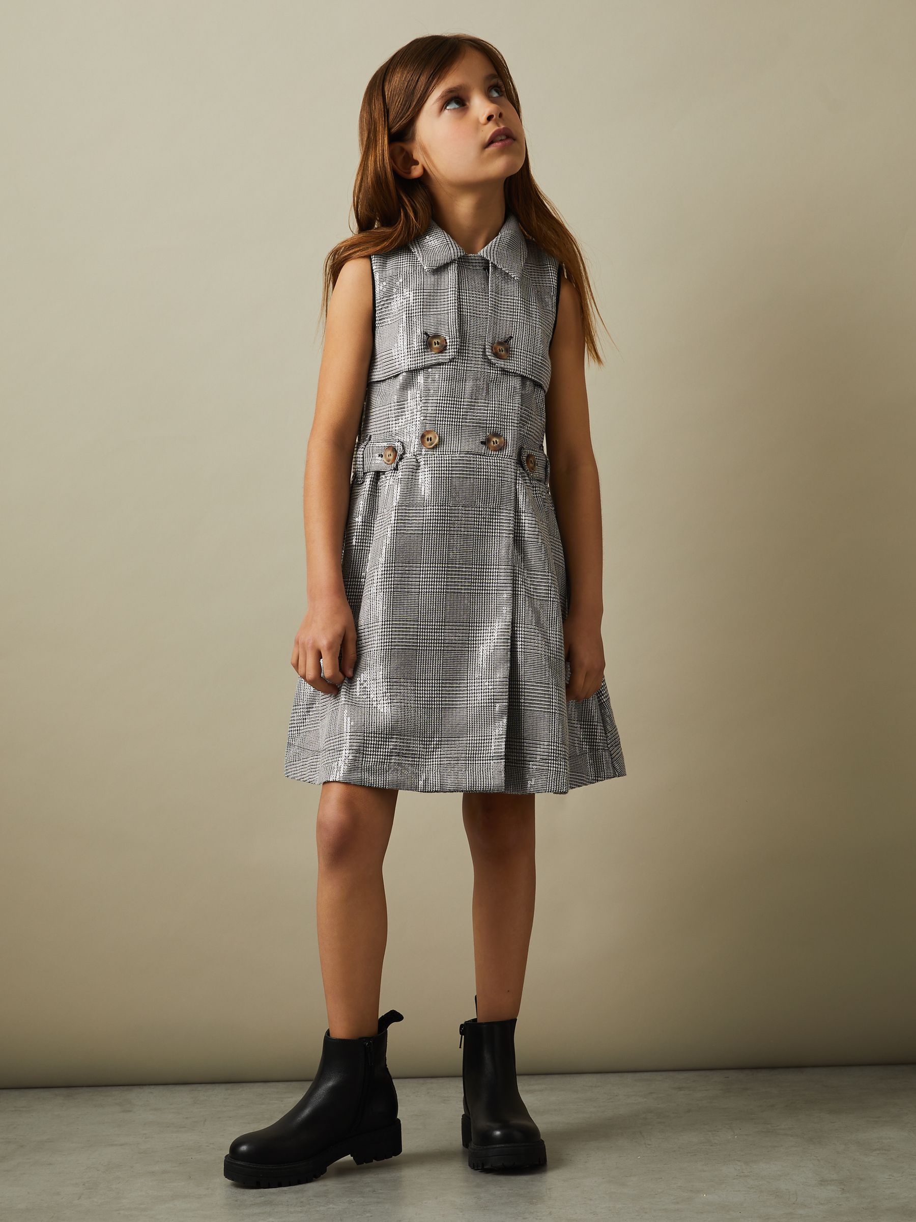 9-13 yrs Sequin Dogtooth Double-Breasted Dress in Black/White