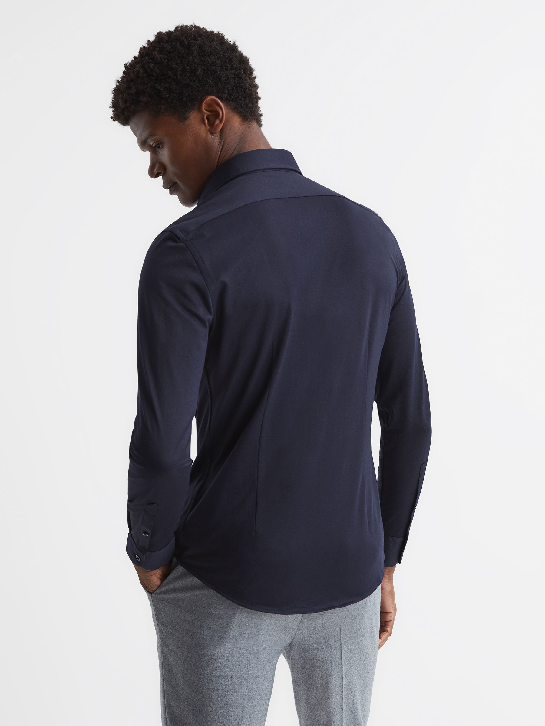 Cotton-Blend Jersey Cutaway-Collar Shirt in Navy