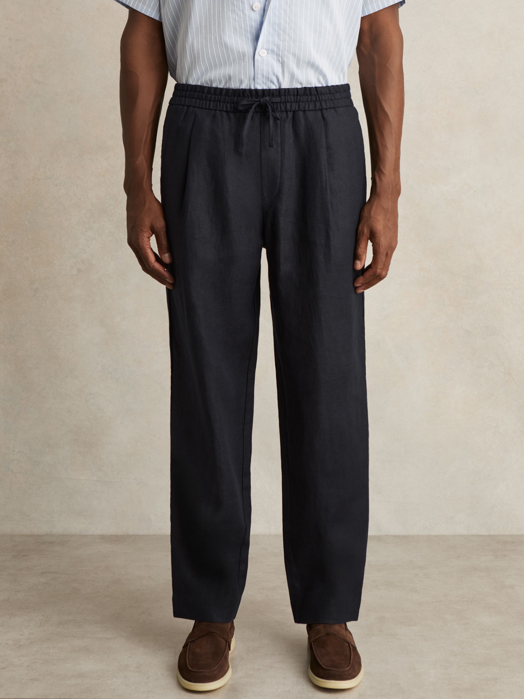 Linen Drawstring Relaxed-Fit Trousers in Navy