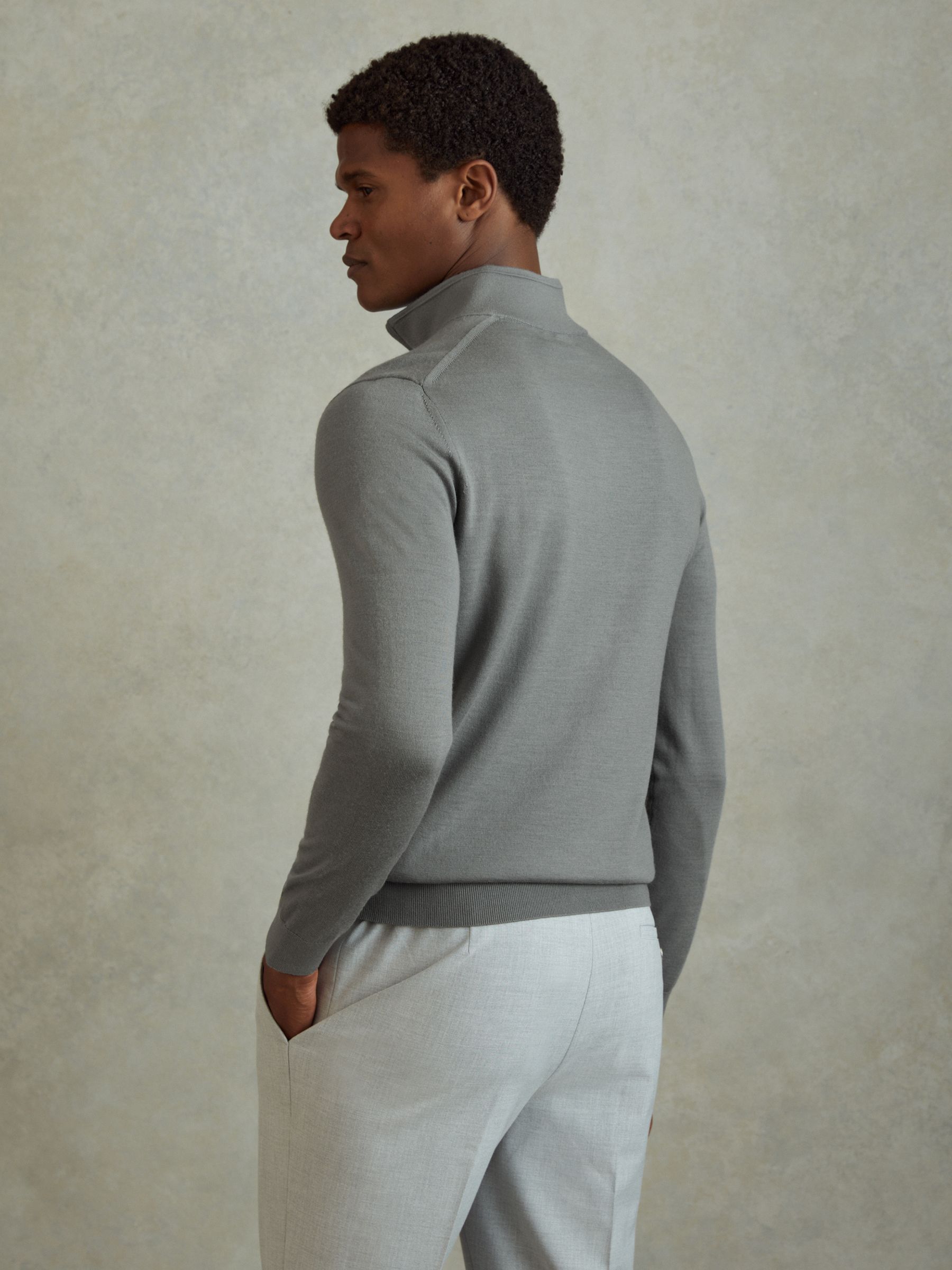 Merino Wool Half-Zip Funnel Neck Jumper in Dusty Green