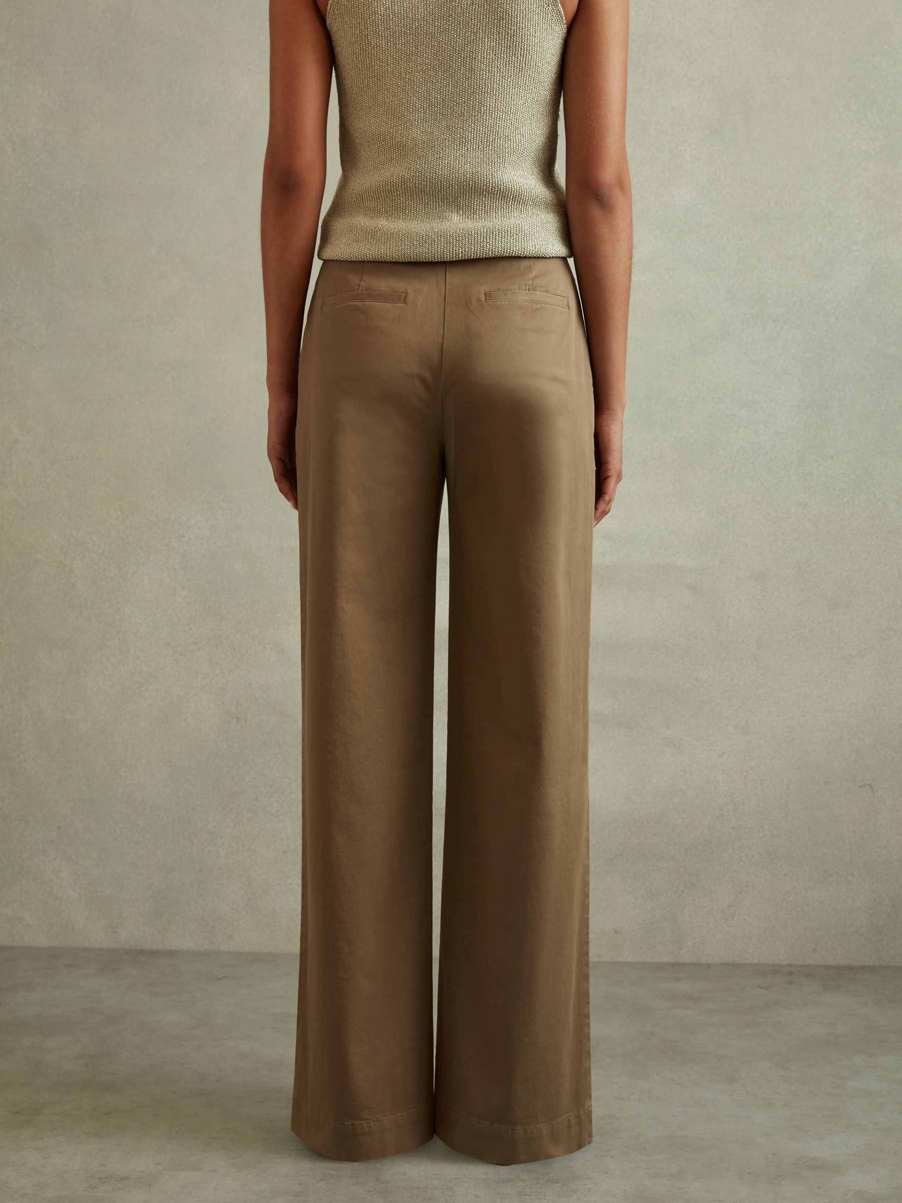 Cotton Blend Wide Leg Trousers in Dark Camel