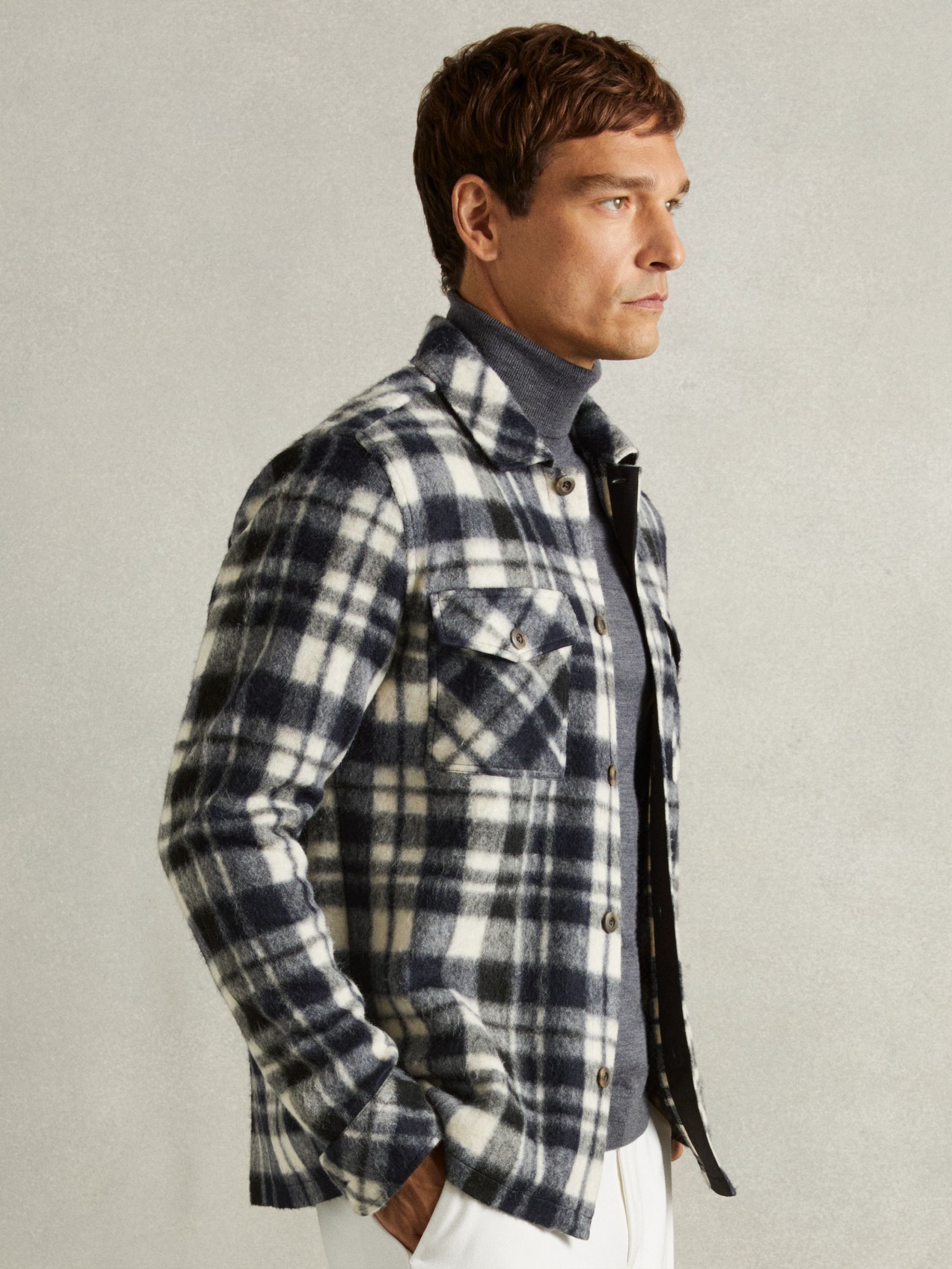 Patch-Pocket Checked Overshirt in Navy