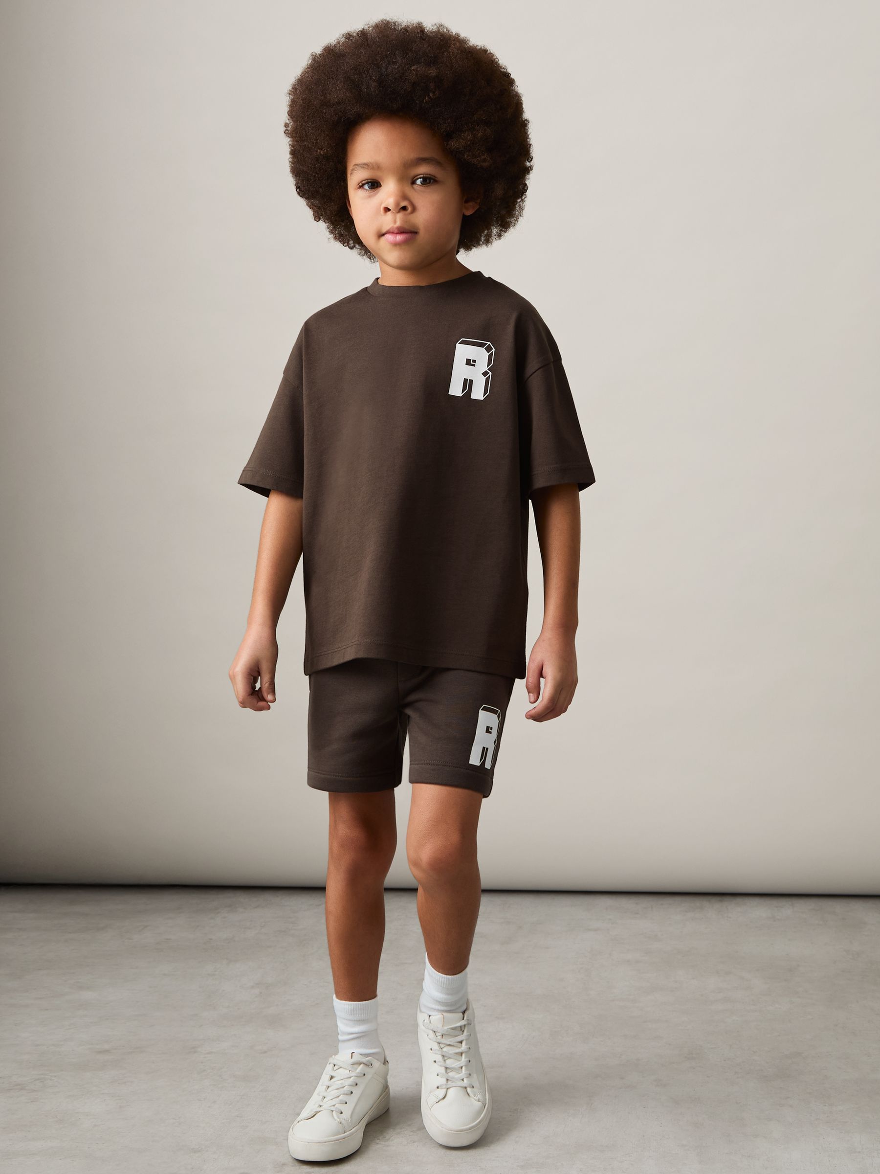 13-14 yrs Cotton Block-Logo Oversized T-Shirt in Chocolate Brown / Off White