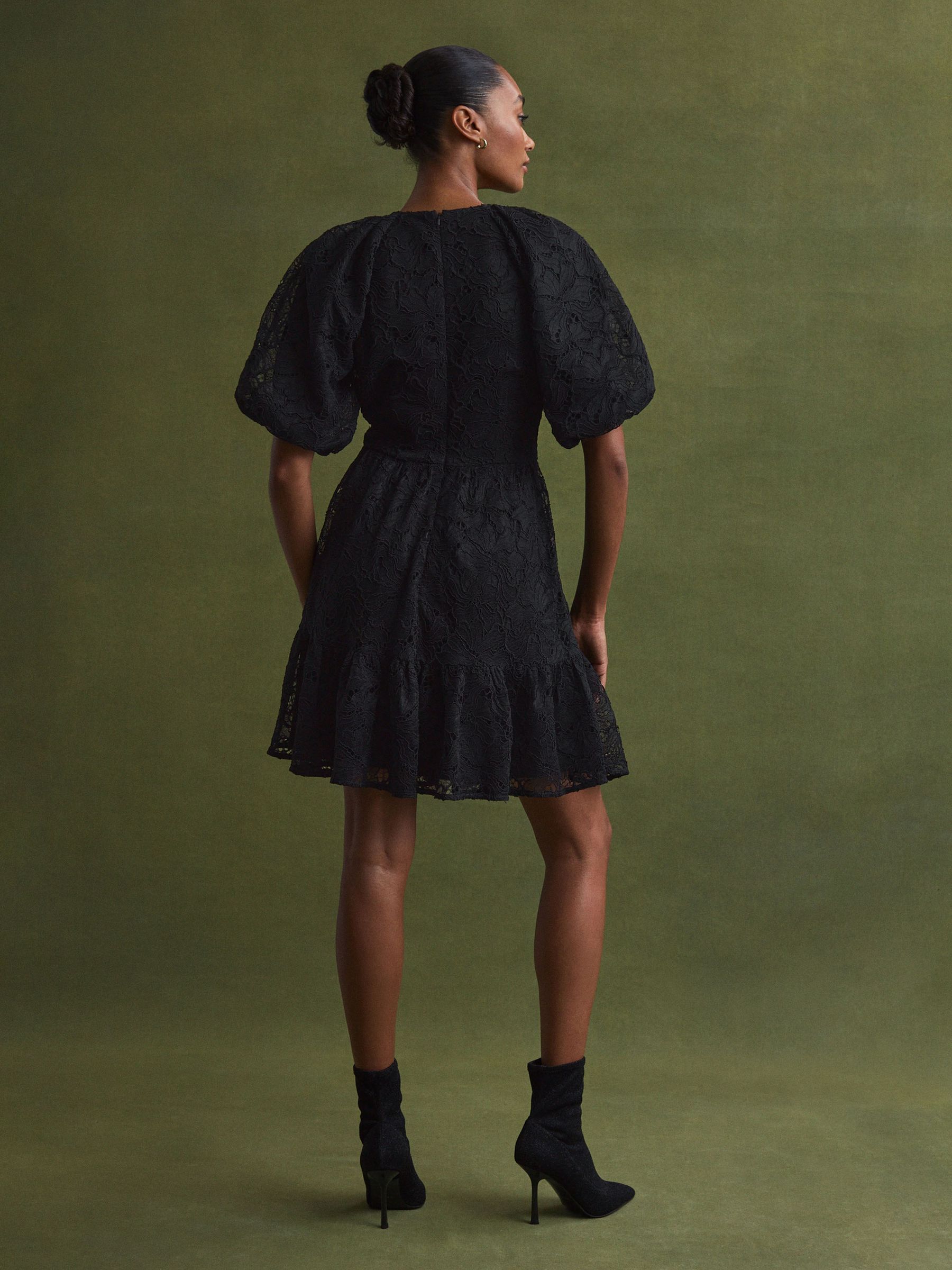 Florere Lace Puff Sleeve Mini Dress in Black