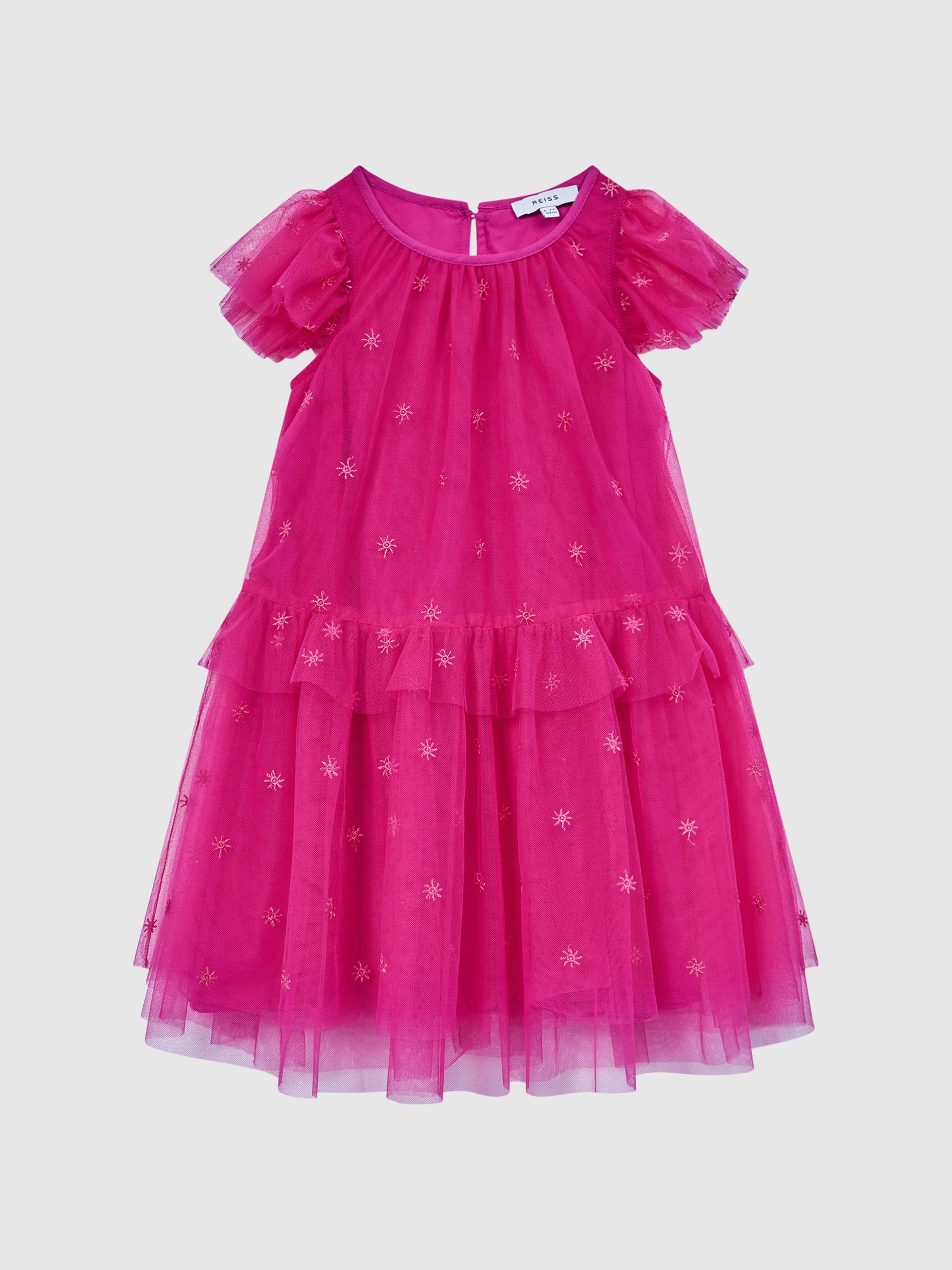 Junior Tulle Embroidered Dress in Bright Pink