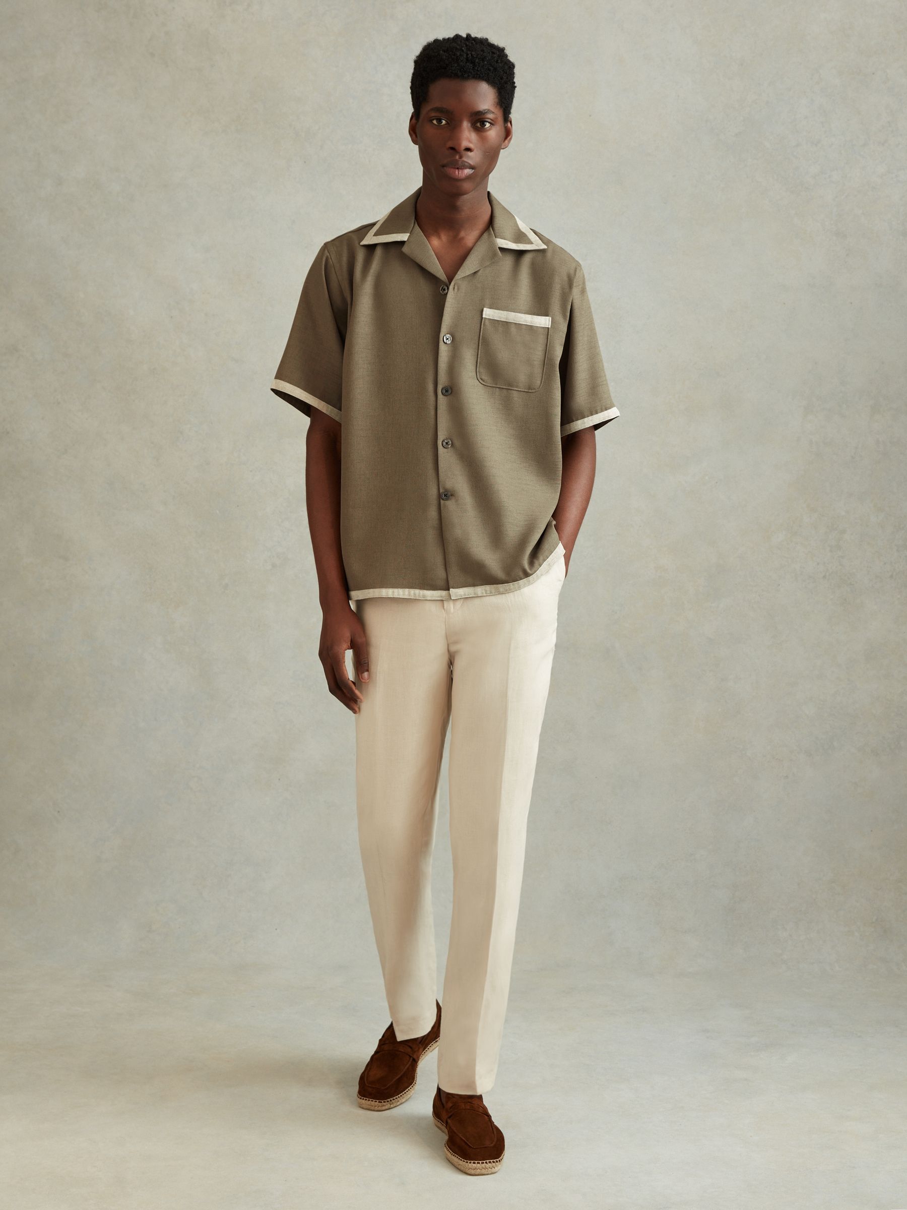 Contrast Trim Cuban Collar Shirt in Sage/White