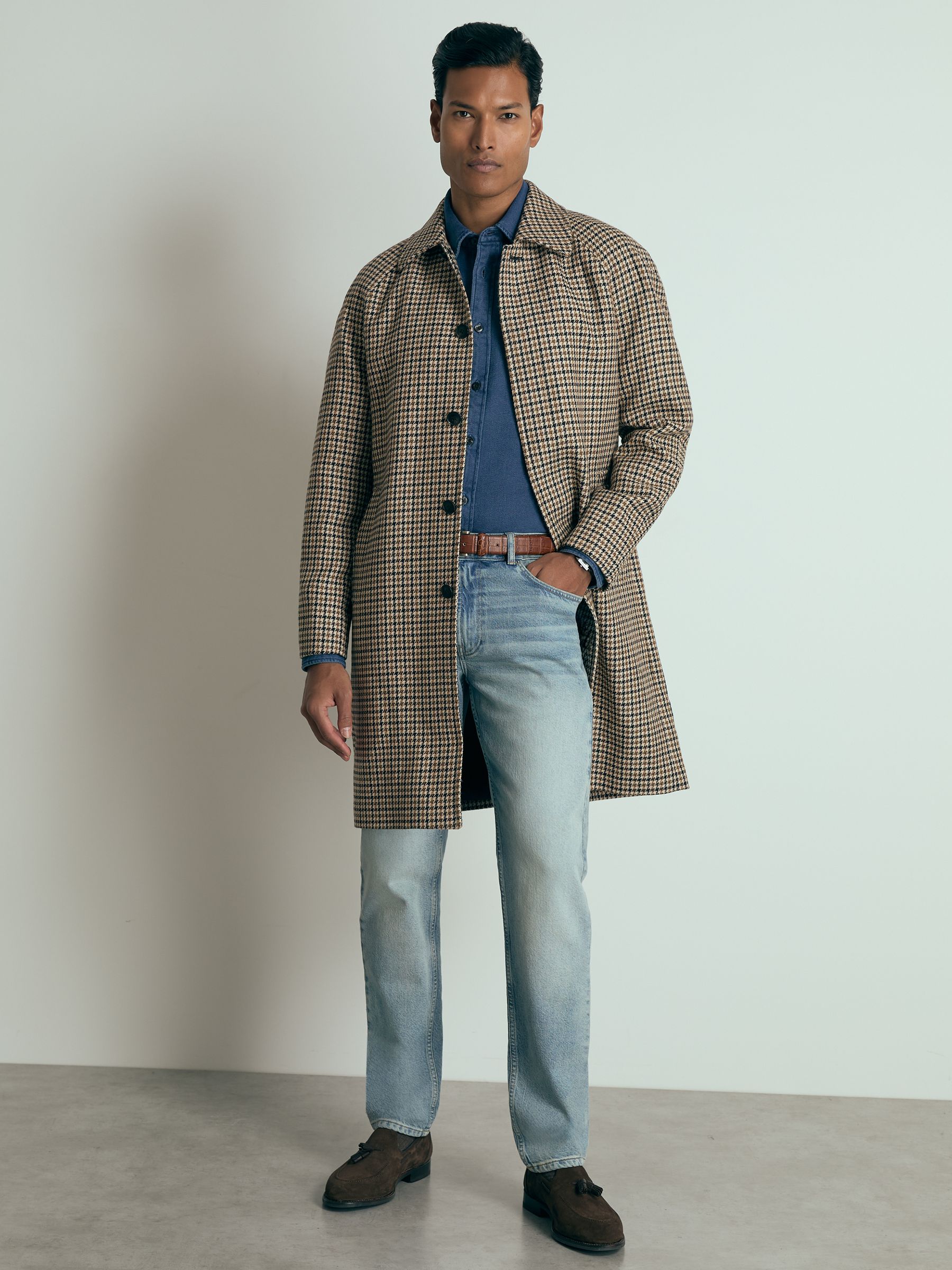 Atelier Wool Houndstooth-Check Raglan Overcoat in Brown
