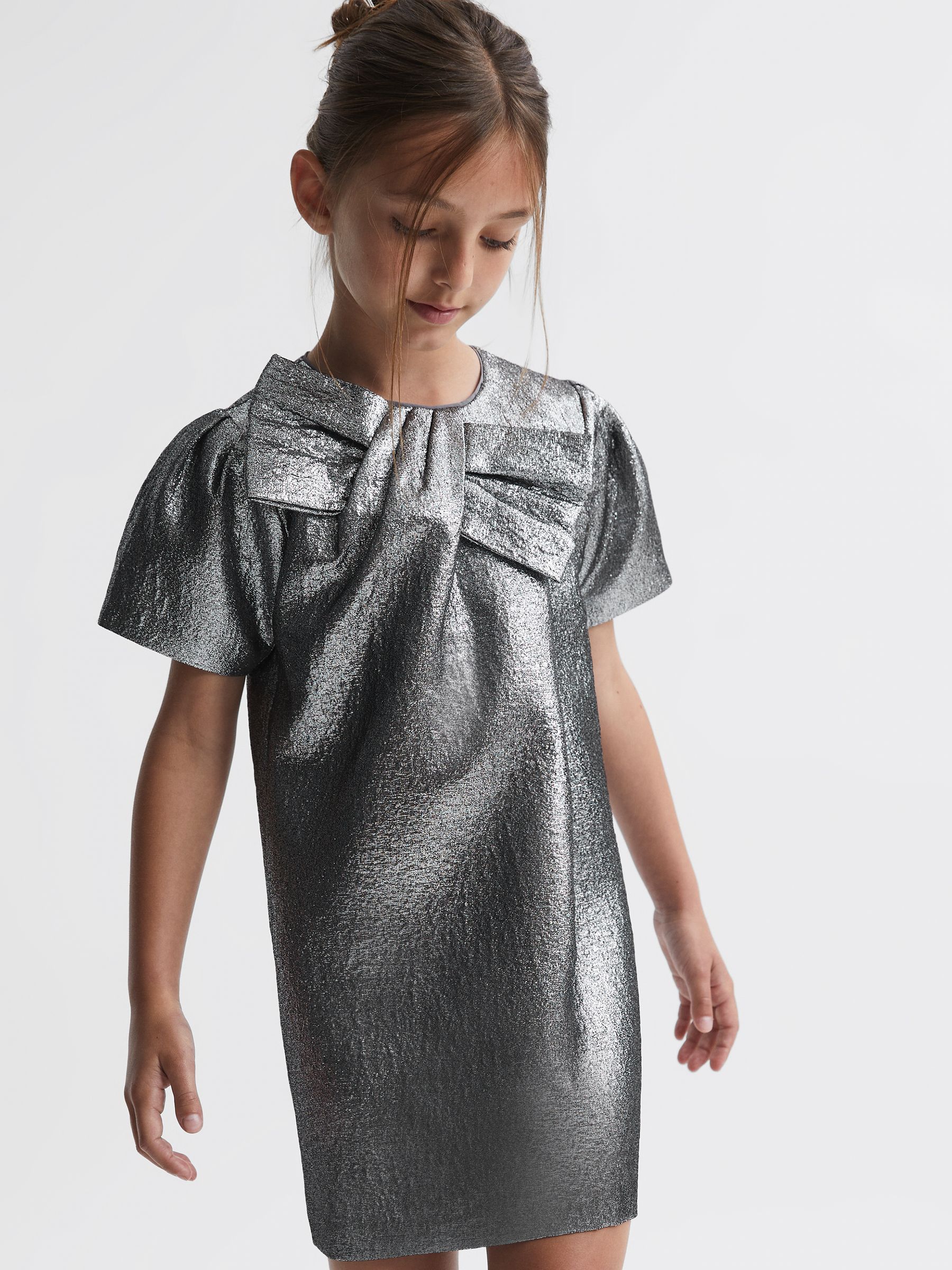 Metallic Bow Dress in Silver