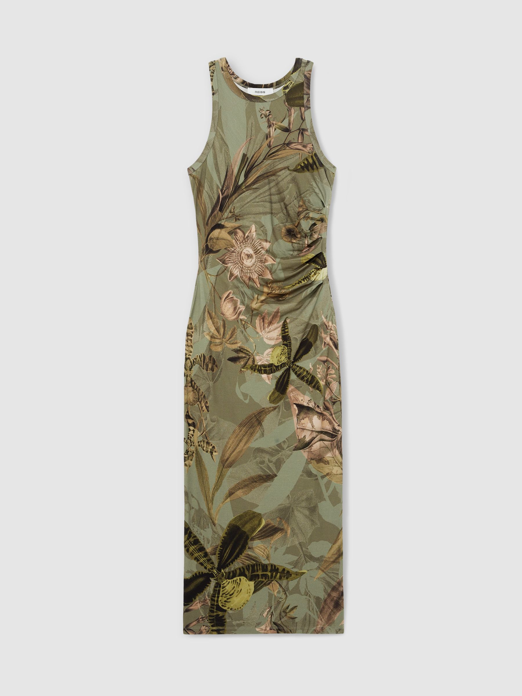 Reiss | NYBG Floral Ruched Jersey Dress in Khaki