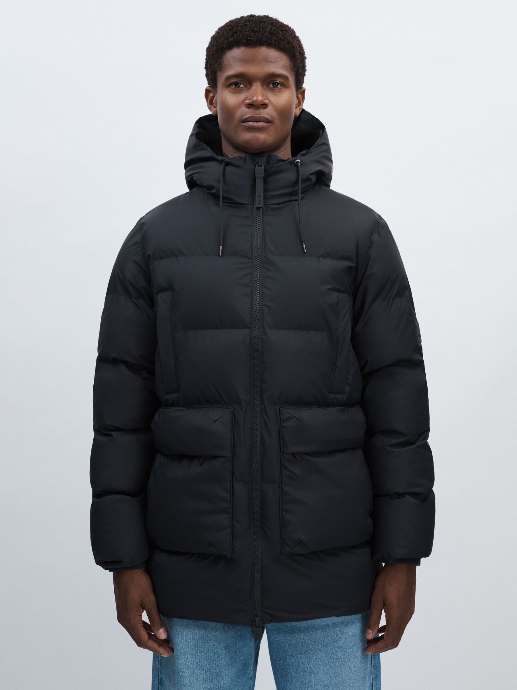Rains Long Puffer Cargo Jacket in Navy Blue