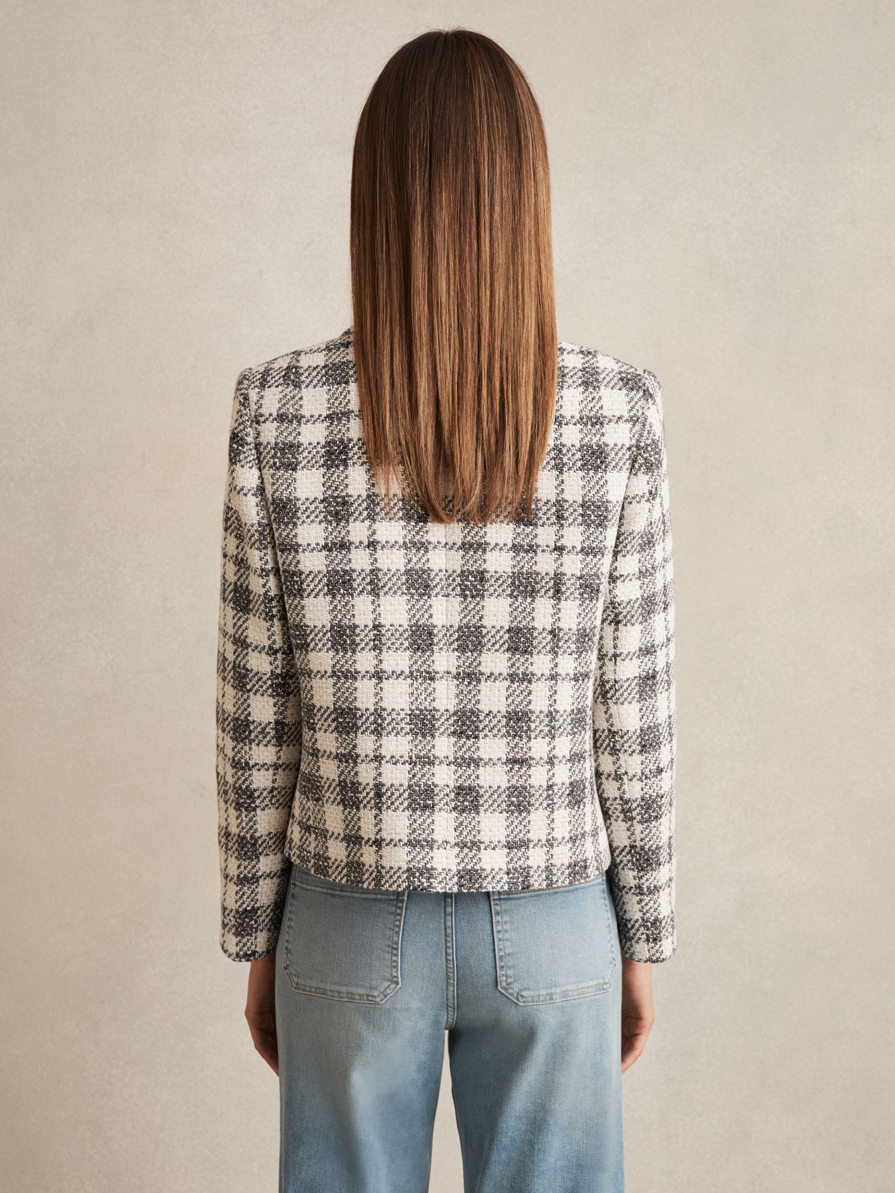 Cotton Blend Check Cropped Jacket in Grey Check