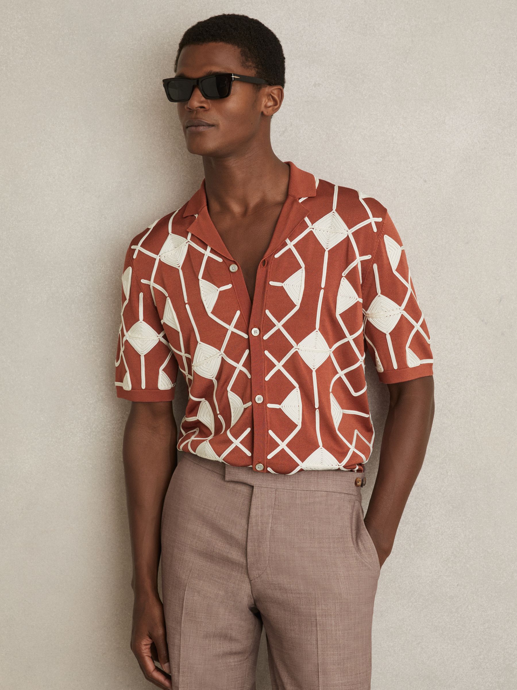 Geometric Embroidery Knit Shirt in Paprika Red