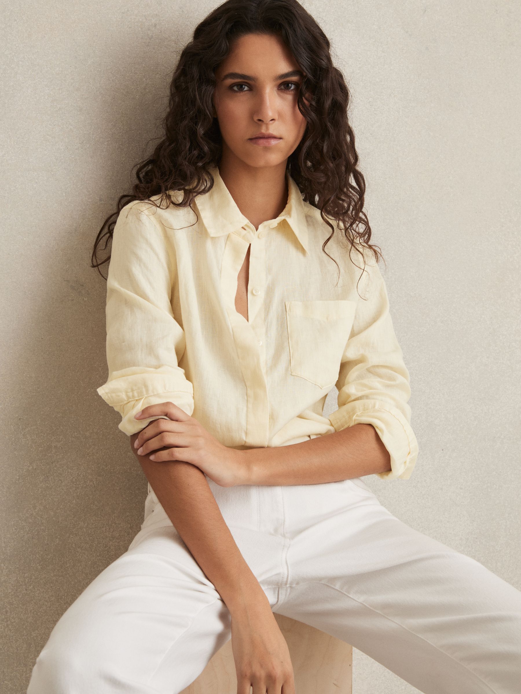 Linen Button-Through Shirt in Pale Yellow