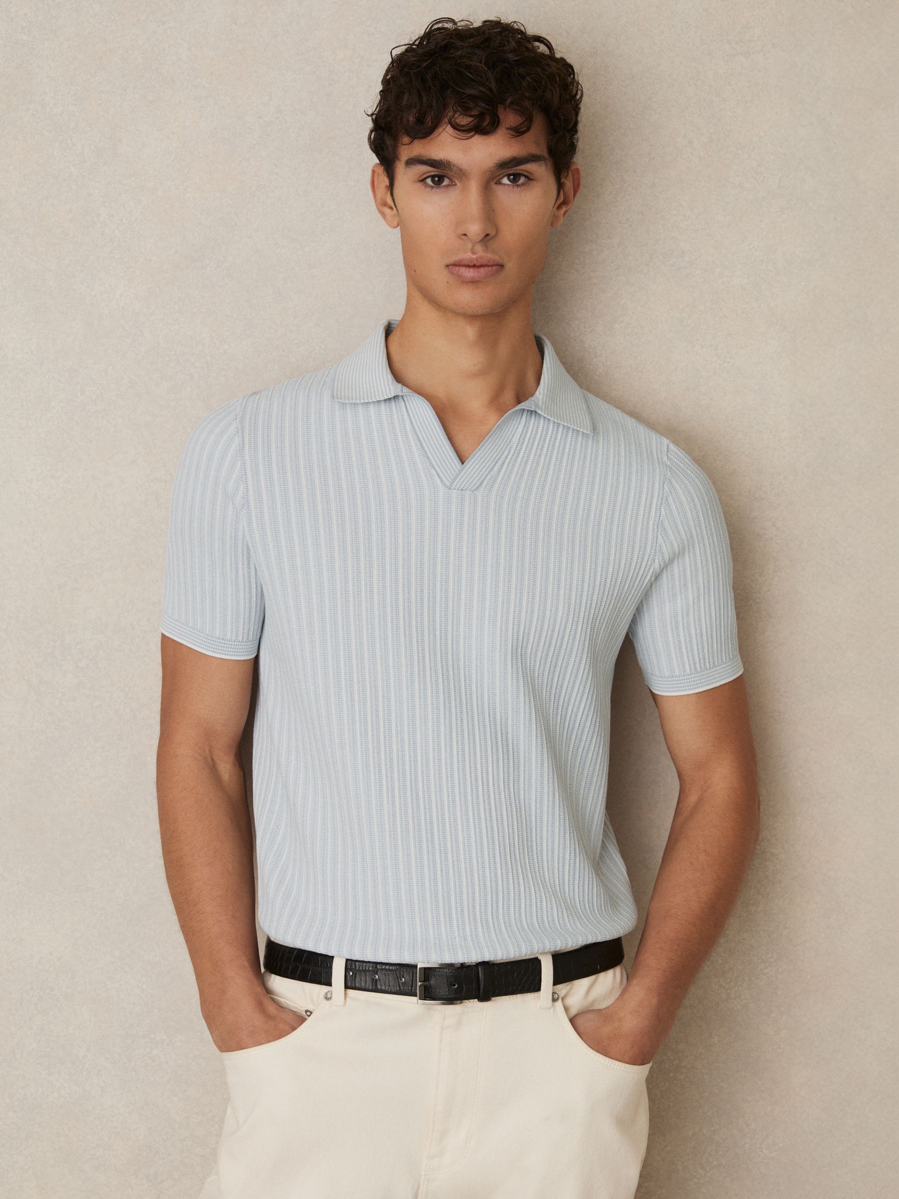 Open-Collar Textured Polo Shirt in Soft Blue/White