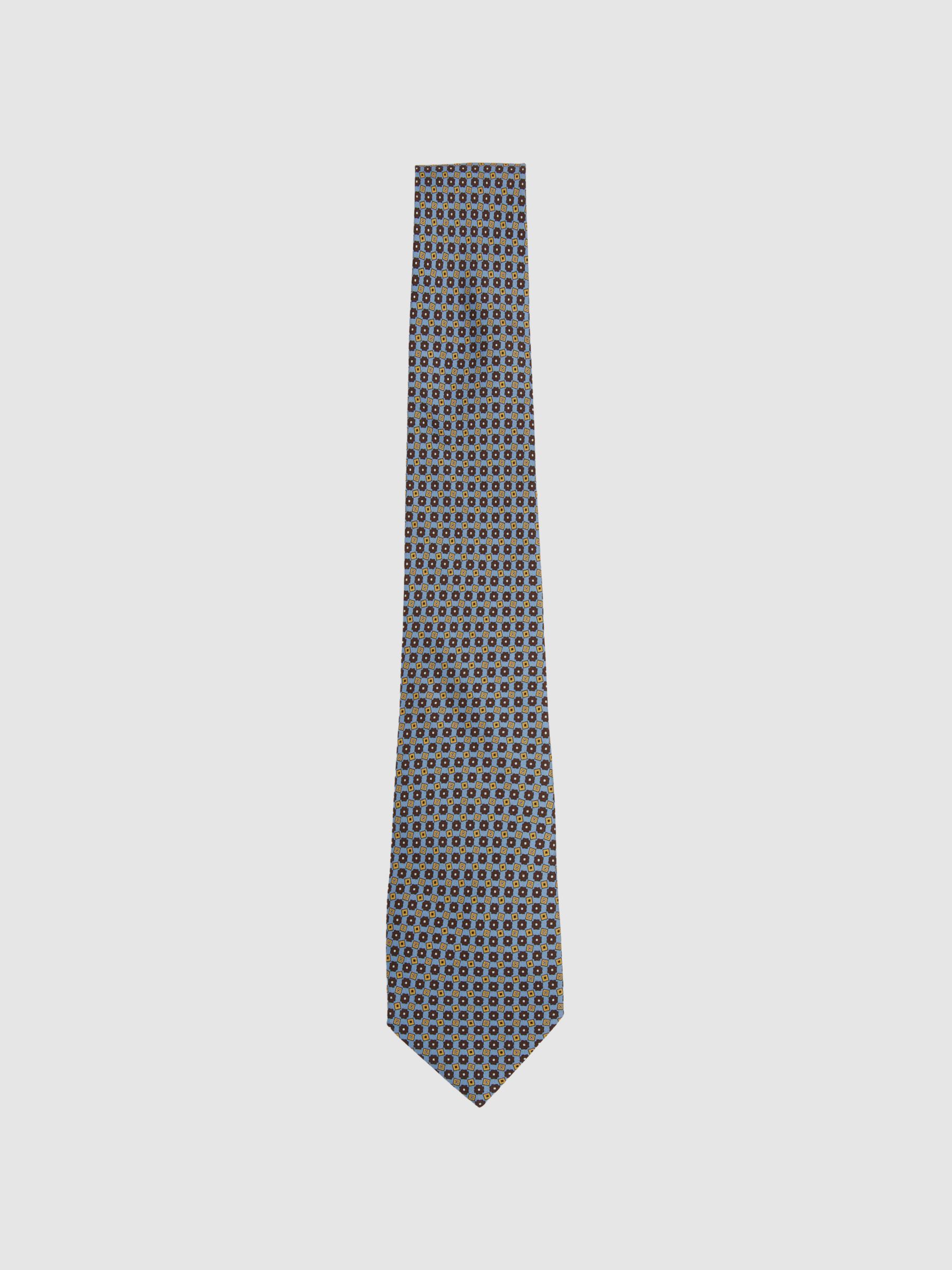 Silk Floral Print Tie in Soft Blue