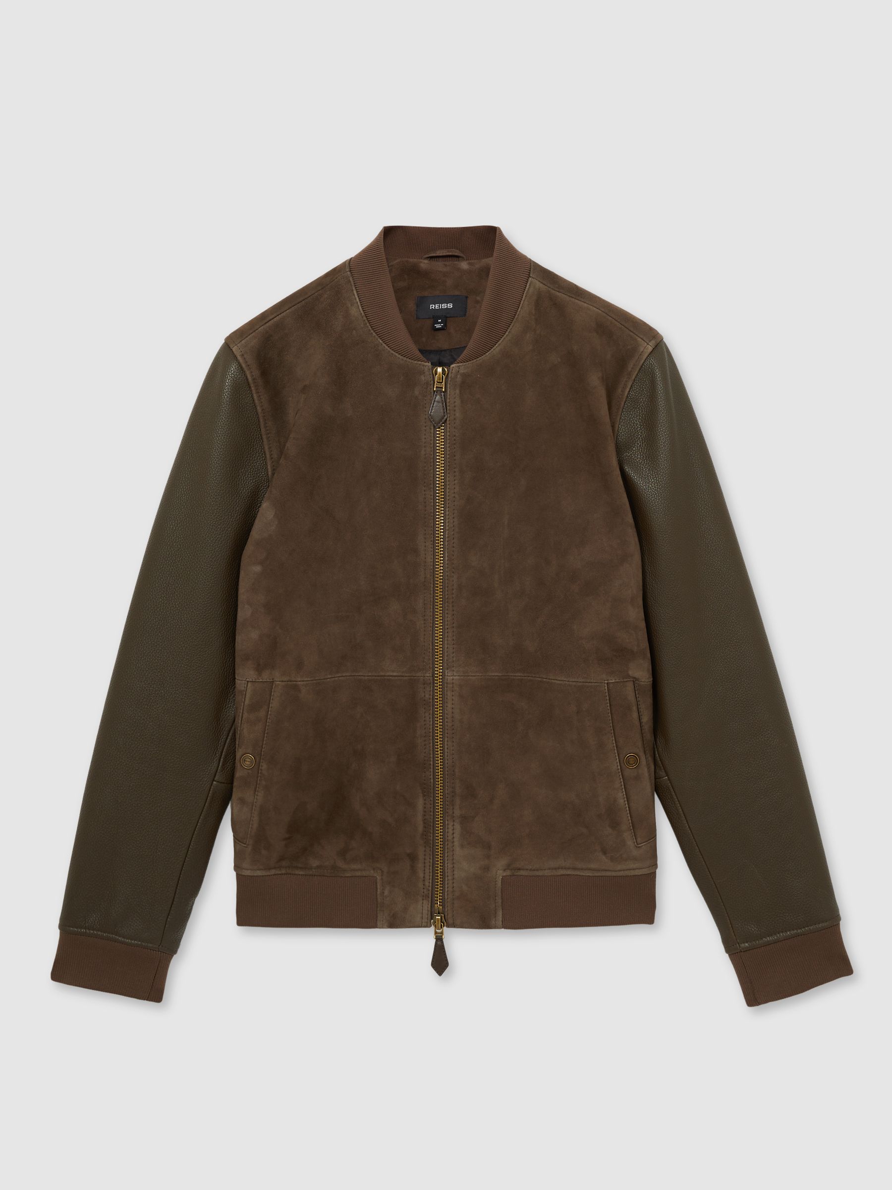 Leather-Sleeve Suede Bomber Jacket in Chocolate Brown