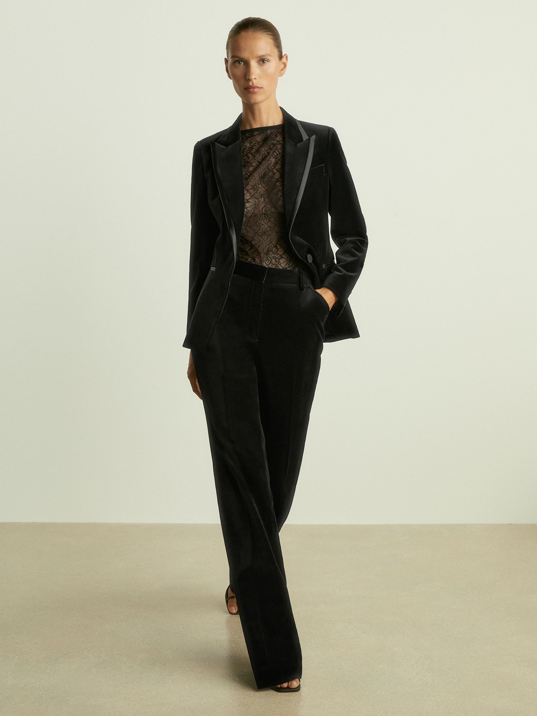 Velvet and Satin Single Breasted Suit Jacket in Black