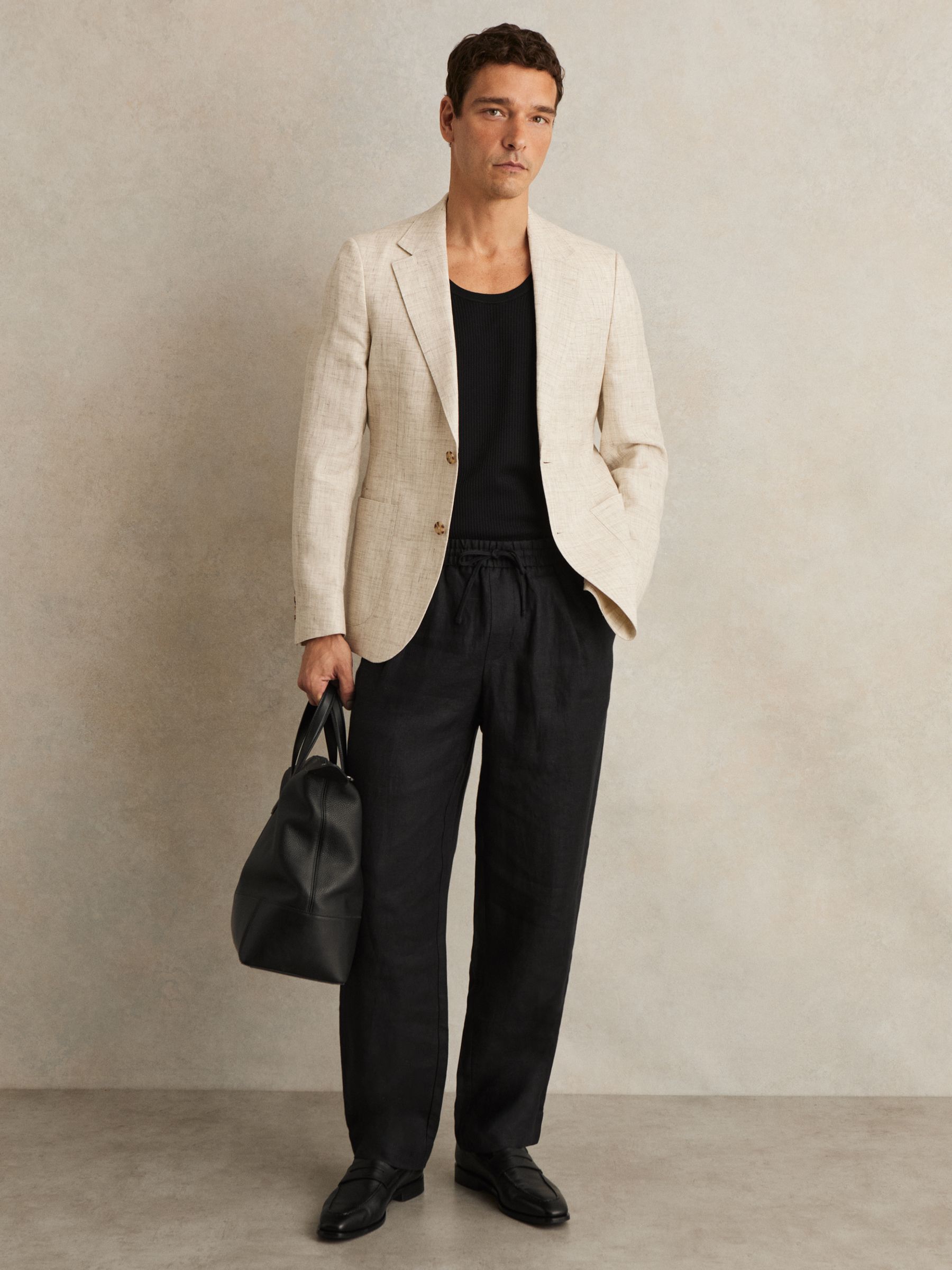 Linen Drawstring Relaxed-Fit Trousers in Black