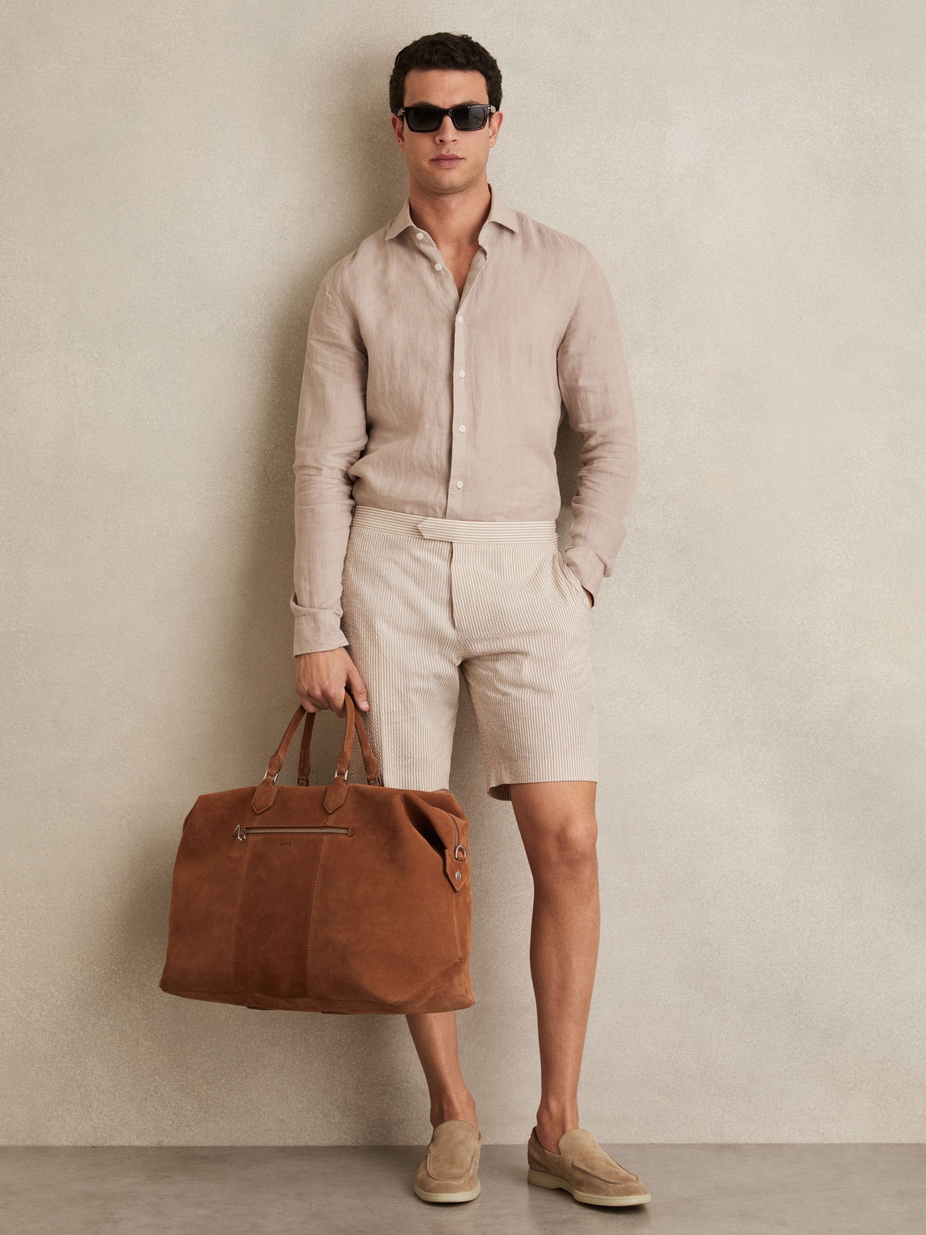 Seersucker Stripe Tailored Shorts in Oatmeal/White