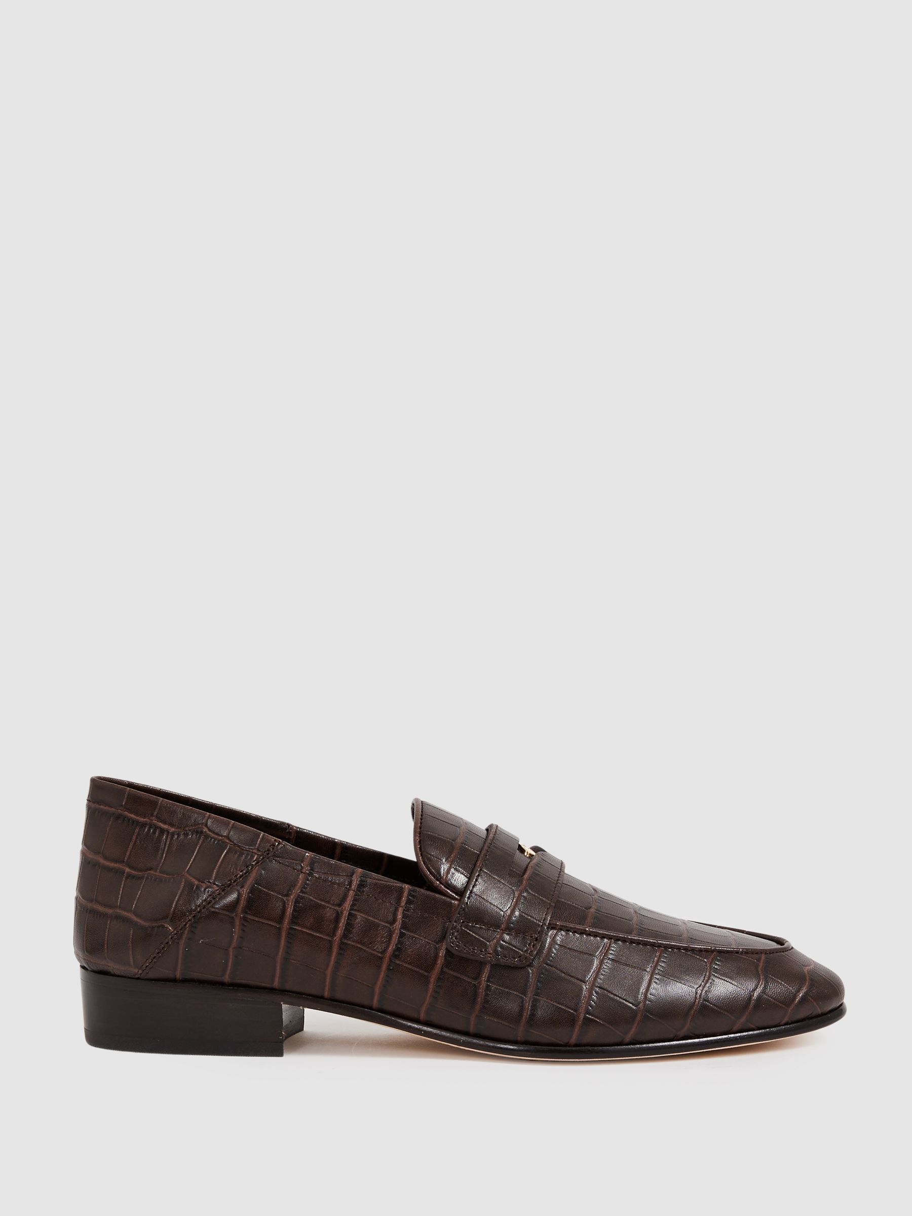 Paige Leather Crocodile-Embossed Penny Loafers in Chocolate