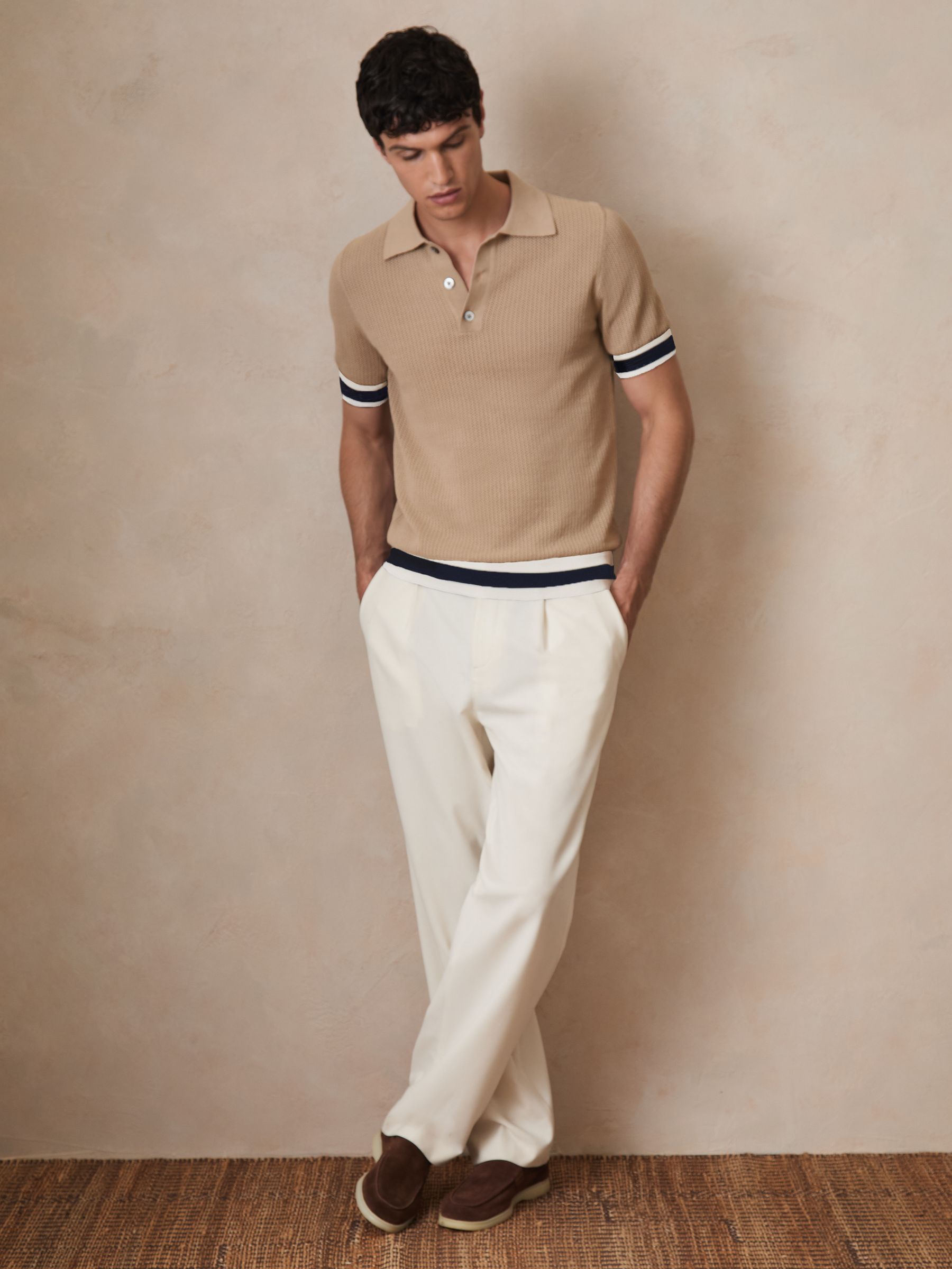 Reiss | Ché Cotton Knit Polo Shirt in Camel Brown