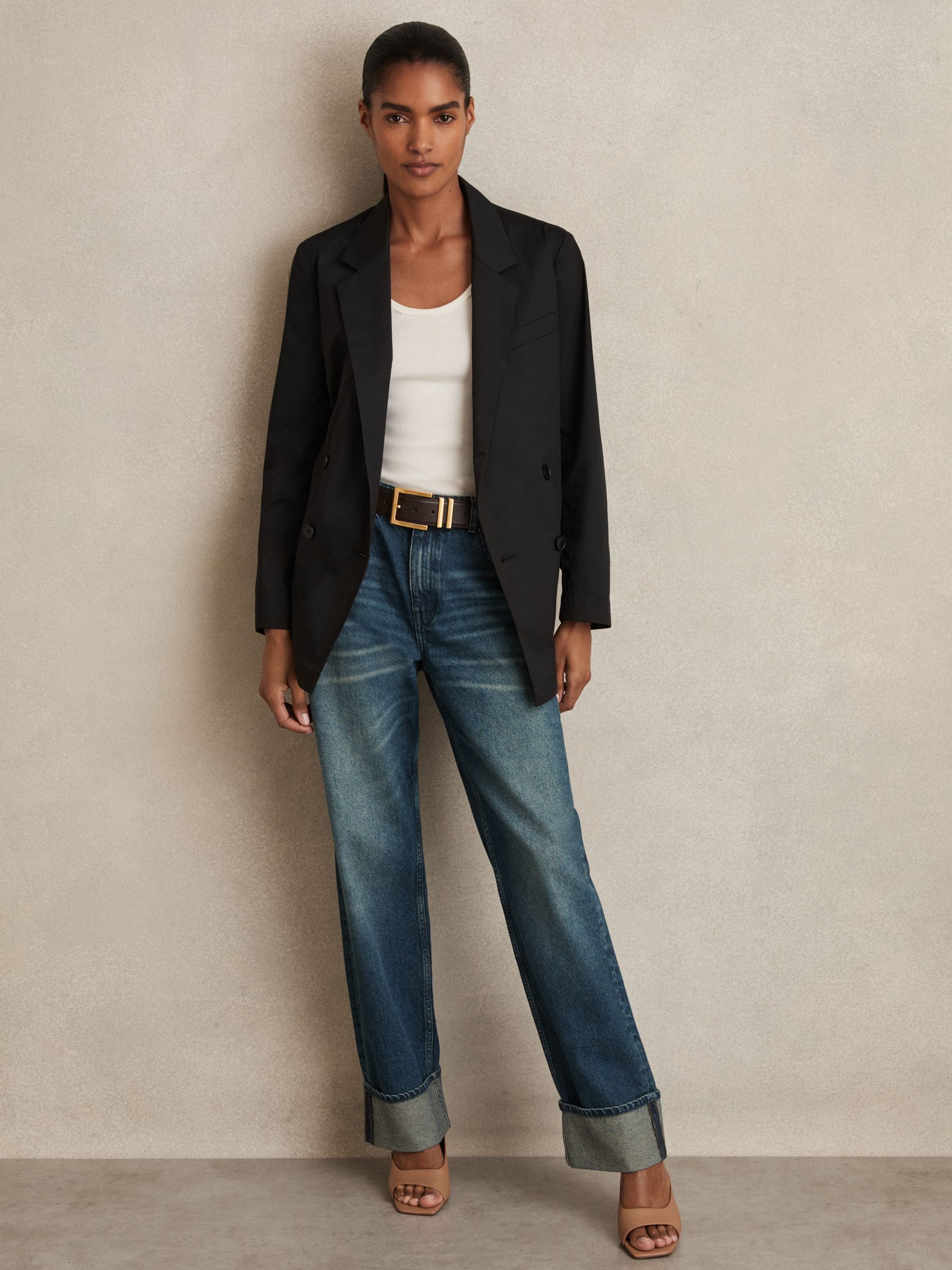 Cotton Blend Double Breasted Belted Jacket in Black