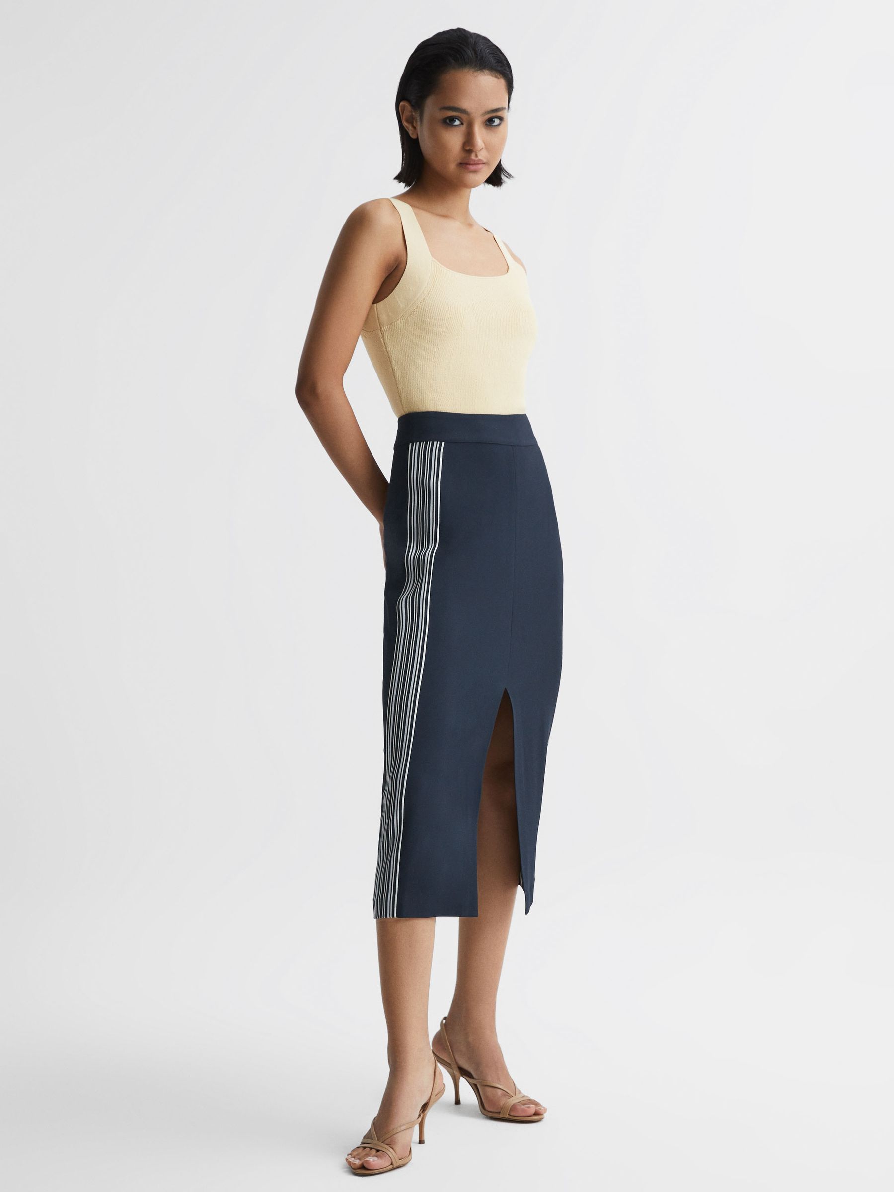 High Rise Midi Pencil Skirt in Navy